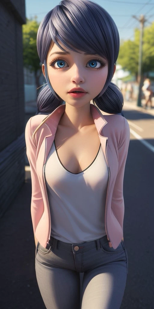 Hyperrealistic, photorealistic, super detailed, ((unbuttoned jacket)), ((white T-shirt)), ((pink jeans)), bright bluebell eyes, shoulder-length black hair with blue reflections tied back in pigtails, light pink lips, body like in real life, large pores, fair skin, slender, beautiful arms, (((very little very flat breasts))), thin legs, unreal engine, octane render, droped shadow, bokeh, cinematic lighting, <lora:add_detail:0.5>, <lora:Volumetric_lighting:0.6>, Marinette Dupen-Cheng, <lora:0ebf8afa-7d09-4dae-bd9d-4a98d209c712:0.7>