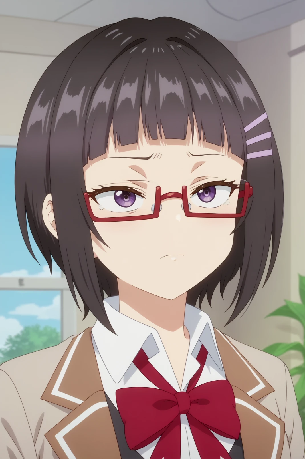 sayaka taniyama,anime screencap,1girl,solo,mature,short hair,school uniform,bow,purple eyes,jacket,bangs,red bow,shirt,collared shirt,indoors,classroom,windows,sky,plant,red-framed eyewear,hairclip,bangs,emotionless,standing <lora:Sayaka_Taniyama - PDXL2.safetensors:0.8> <lora:detailed_backgrounds_v2:0.8>