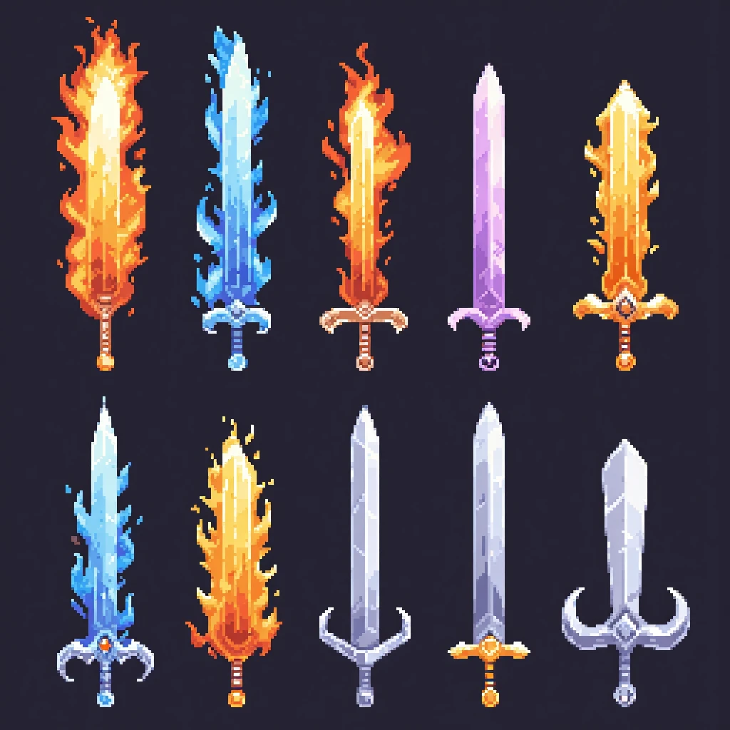 3x3 grid, pixel art style, different types of magical swords, flame, crystal, ethereal, copper, glowing, sharp steel, etc, rpg items