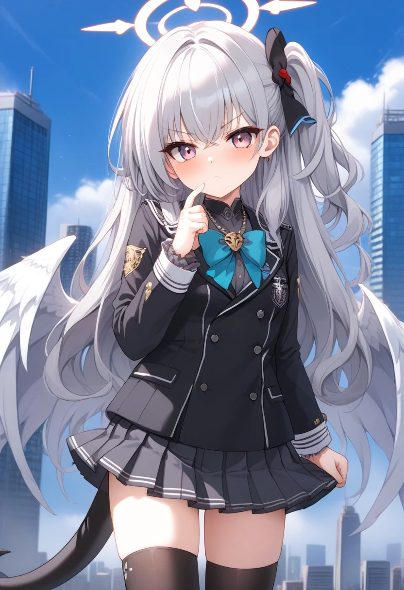 Best quality, ultra HD,source_anime, morizuki suzumi (from blue archive),1 girl,long white hair,side tail hair,hair white wings,bow tie,gray school trinity vigilente uniform,pleated short skirt,black Thigh high sock, serious face,little bit frown, holding white riffle,:/,city distric background