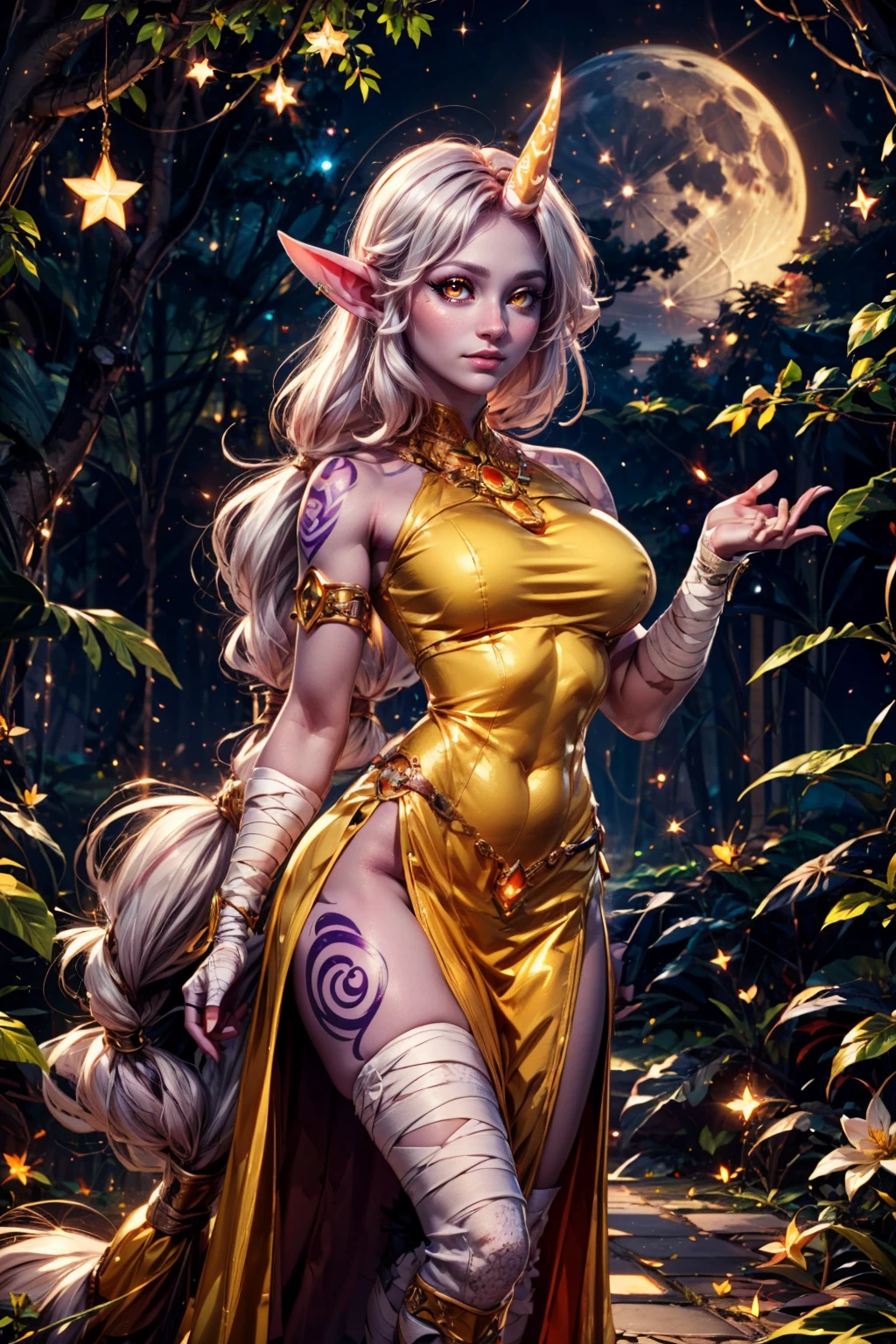 (ultra realistic,32k, masterpiece:1.2),(high detailed skin:1.1),( high quality:1.1), BREAK,   <lora:Soraka_Leagueoflegends_v2:0.7>,  zzSoraka,  purple skin, white hair, long low-tied hair, sidelocks, yellow eyes, pointy ears, single horn, full-body tattoo, bare shoulder, yellow jewel, red cropped top, yellow dress, armlet, bandaged arm, bandaged leg, goat hooves, magical aura, ethereal forest, glowing lights, moonlit night, mystical theme, dynamic pose, elegant stance,   BREAK,  blooming stars, luminescent petals, otherworldly fragrance blurry background, (looking at viewer, standing:1.1), huge breast, large breast, <lora:add_detail:0.92>, (glowwave:1.1),