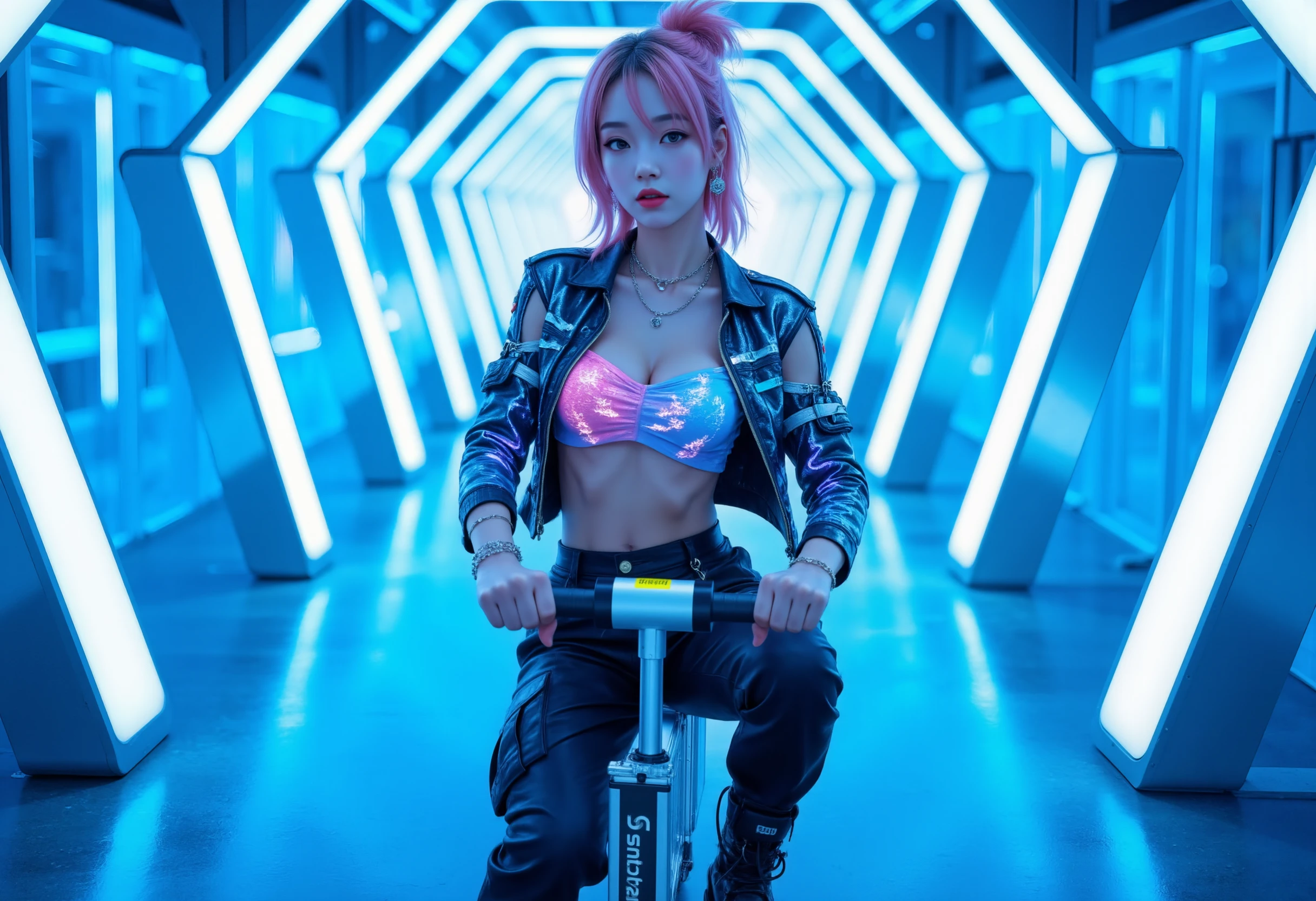 A highly detailed, photorealistic image of an Asian model with messy pink hair confidently siting on her silver Airwheel, a futuristic suitcase attached to a scooter—gliding effortlessly through a visually striking, neon-lit corridor. The walls around her are lined with glowing electric blue frames, creating an endless tunnel effect that distorts perspective and stretches deep into the horizon. The lighting bounces off the smooth, metallic textures of the environment, casting sharp reflections across the floor and adding an otherworldly glow to the scene.

The model is dressed in bold, edgy raver attire: a holographic cropped jacket with iridescent patterns that shimmer under the neon lights, paired with black high-waisted cargo pants with multiple straps and reflective panels. Her outfit is completed with knee-high platform boots that catch the light with every step. She wears statement jewelry, including neon-glow bracelets and bold earrings, while her mesh bodysuit glows faintly in sync with the rhythm of her environment. Bright UV makeup with geometric designs adorns her face, giving her a futuristic, avant-garde look.

The surreal, glowing corridor, with its sharp angles and vibrant blue neon lighting, feels both hypnotic and endless, amplifying the energy of the rave aesthetic. The model, exuding confidence and attitude, becomes the centerpiece in this dazzling, high-tech environment, blending fashion with the electric atmosphere of a futuristic, digital rave.