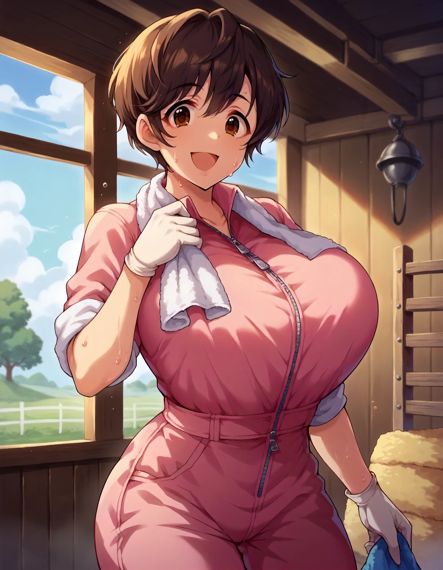 score_9,score_8_up,score_7_up,1girl,solo,cowboy shot,looking at viewer,smile,open mouth,barn,indoors,sweat,
<lora:oikawashizuku_ponyXLV6:0.8>,cgos,brown hair,short hair,brown eyes,huge breasts,
pink jumpsuit,sleeves rolled up,zipper,towel,white gloves