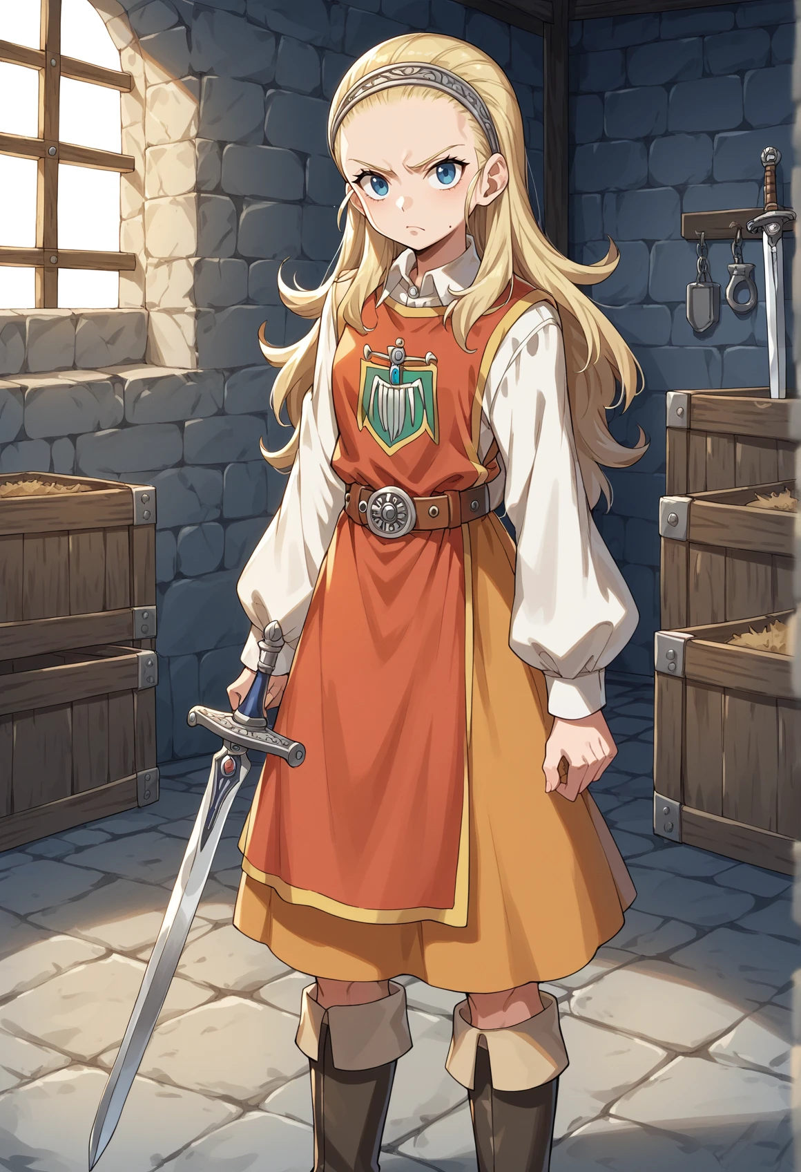 1girl, long hair, blonde hair, blue eyes, hairband, forehead, mole, mole under mouth, tabard, shirt, long sleeves, skirt, boots, belt, boots, indoors, dungeon, holding sword, serious,  <lora:Anlucia_DQX:1>, score_9, score_8_up, score_7_up, score_6_up, score_5_up, score_4_up, BREAK source_anime, masterpiece