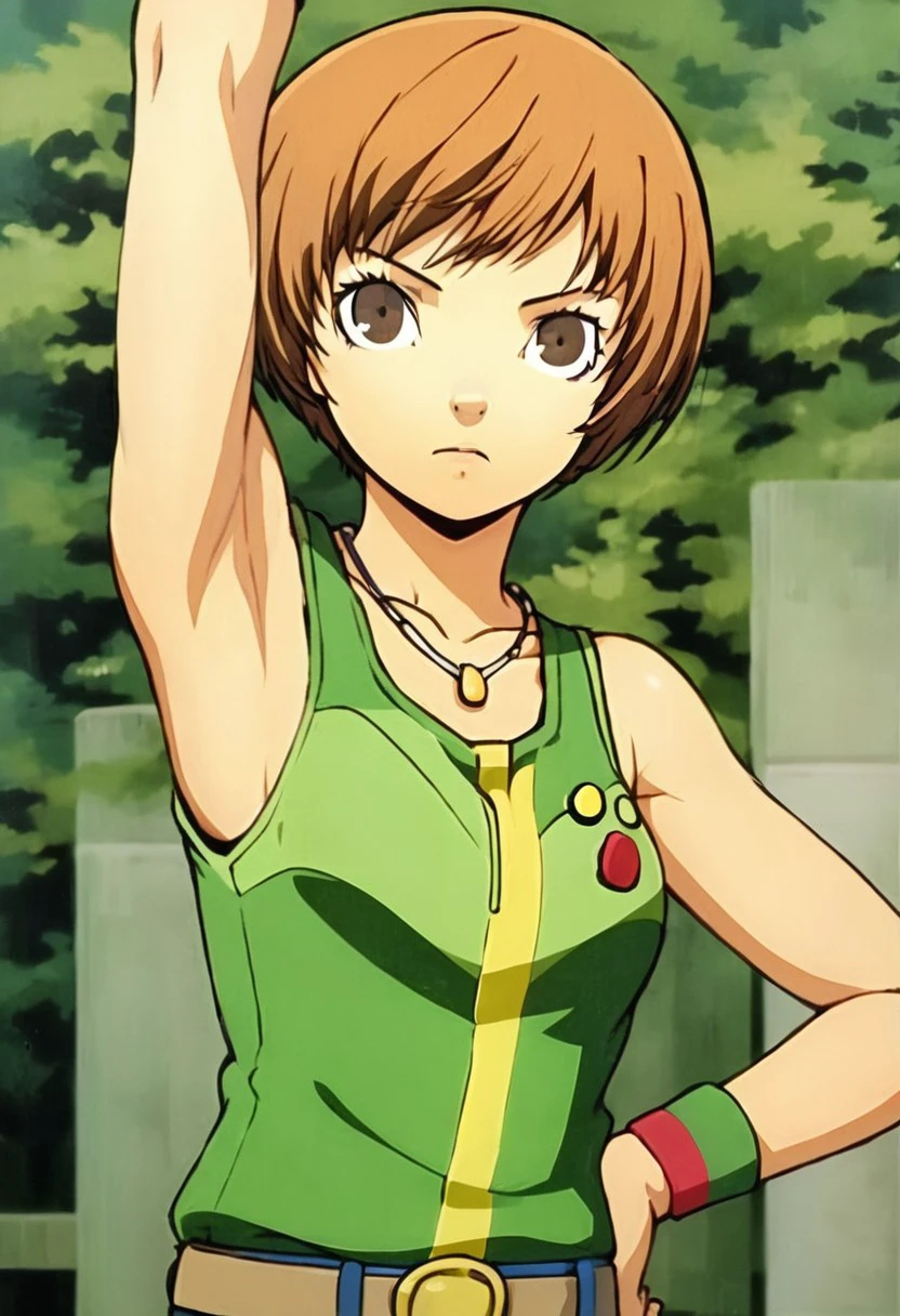 Satonaka Chie, 1girl, solo, short hair, brown hair, brown eyes, belt, armpits, necklace, green tank top, casual, wristband, nose