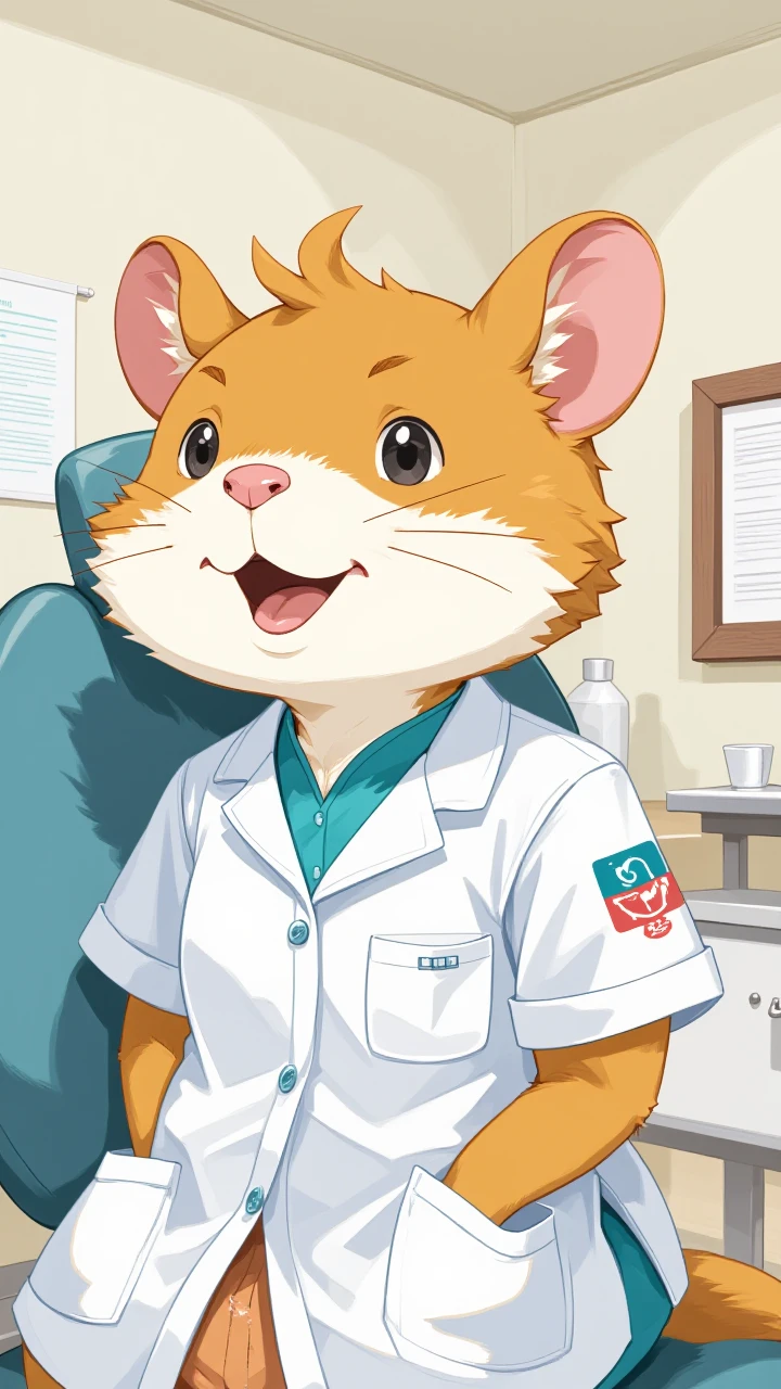 flat 2d anime illustration,hamster girl wearing dentist clothing inside of a dentist office,