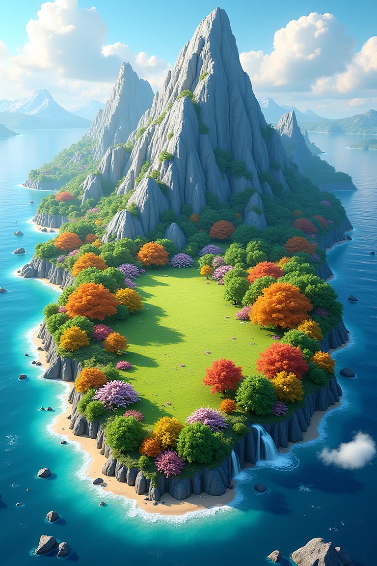 4seasonaerial, an island with a mix of winter, summer, autumn, and spring trees. It is surrounded by colorful water. There are colorful flowers, green plains, orange trees, and frozen mountains