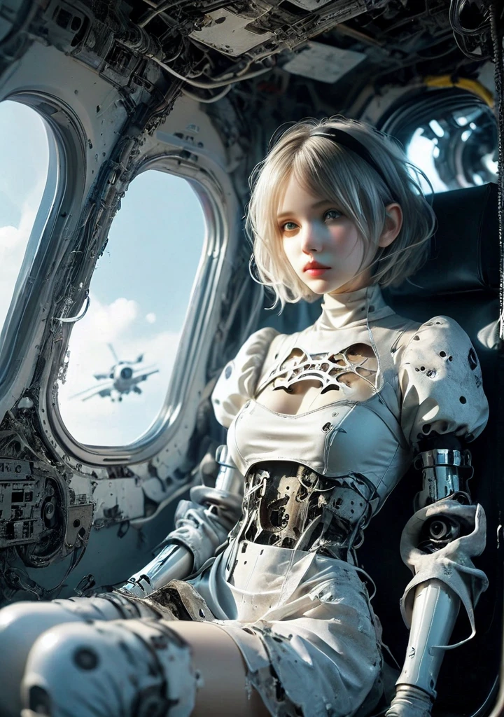 <lora:Stairway_to_liberation_ver1.4:1>,mecha girl,tube,wire, torn cloth,inside aircraft,galaxy,2b nier, <lora:2b_nier_automata:0.8>