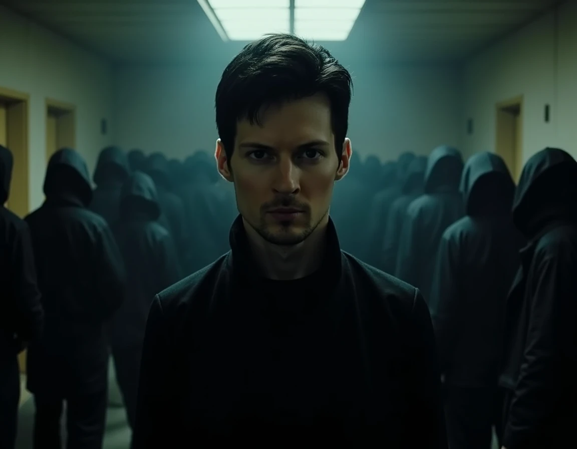 A close up shot Photo of Pavel Durov in a dark, intense setting similar to the famous Rorschach meme from watchmen. Durov is standing in the center of a french prison with a determined, almost menacing expression. The room around him is filled with shadowy figures, appearing nervous and threatened. Durov’s stance is powerful and confident, conveying the message, 'None of you seem to understand. I'm not locked in here with you... you're locked in here with me!' The overall atmosphere is gritty, with dramatic lighting highlighting Durov as the focal point of the scene, emphasizing his dominance and control over the situation