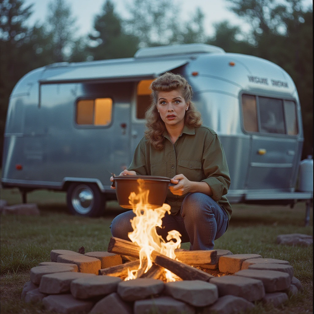 a realistic color photo of 1LuvLucy who is cooking something on a campfire in front of a classic AirStream trailer. She has a look of fear on her face