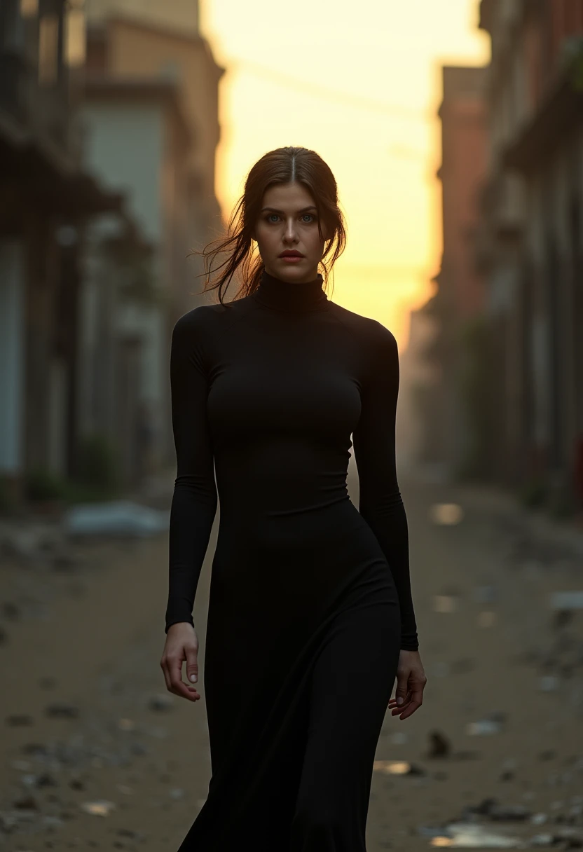 A cinematic photo of Alexandra Daddario wearing a black high-neck dress, as she strides confidently through a desolate, dark post-apocalyptic cityscape, capturing the stark juxtaposition of beauty and decay, with the model's flawless skin glowing like a beacon of hope amidst the ravaged urban landscape. photographed with a shallow depth of field to blur the bleak surroundings, emphasizing her striking, rebellious pose. full body, golden hour.