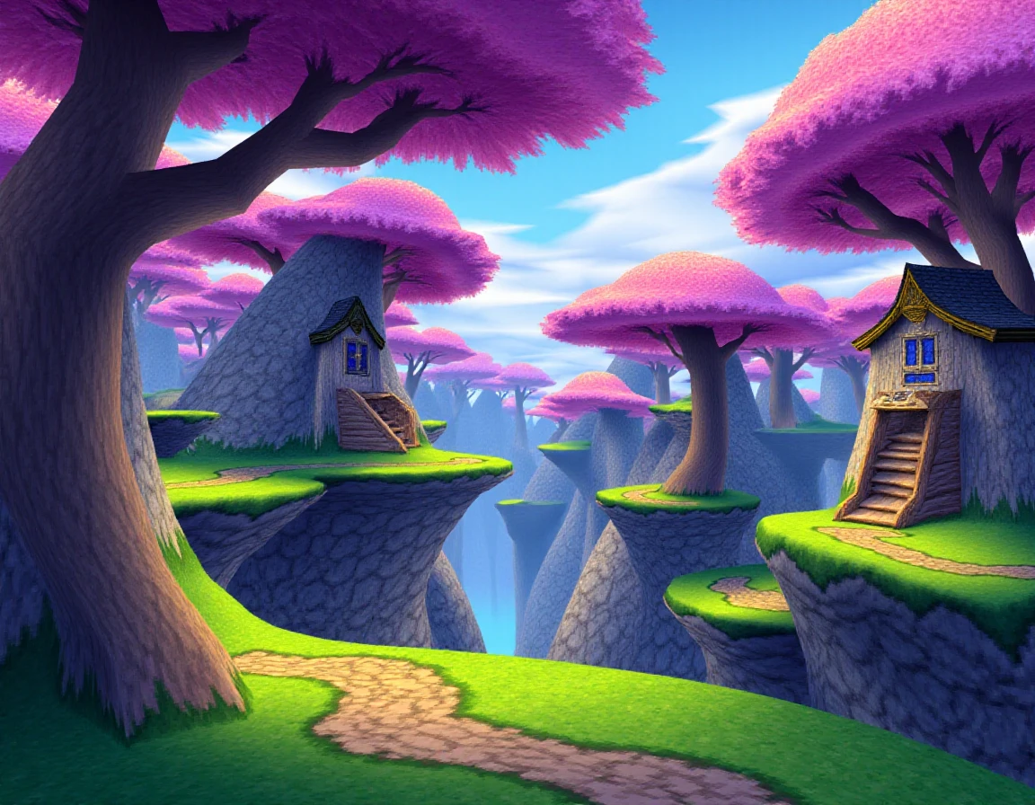 A Spyyyrouuu style world, the name of this world is: Fairywood Forest, scenery, outdoors, unique color sky, hills, architecture, trees, <lora:Spyro Worlds Flux_epoch_5:2.8>