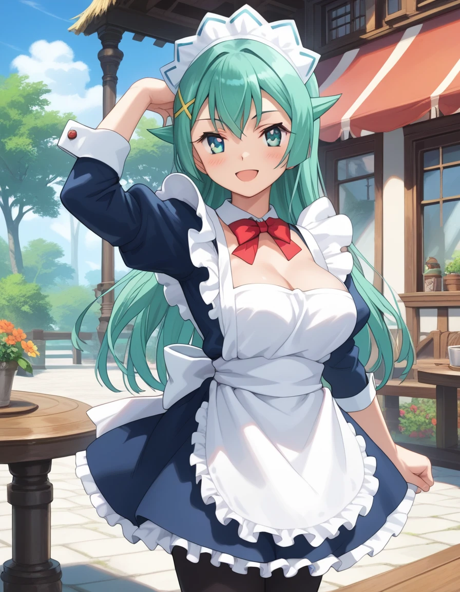 tesla_violet, long hair, hair ornament, aqua hair, green hair, aqua eyes, large breasts,
maid headdress, maid, pantyhose, apron
<lora:tesla_violet_pony_v1:1>
standing, dynamic pose ,
open mouth, blush,light smile
looking at viewer,(cowboy shot,:1.3),
outdoor, score_9, score_8_up, score_7_up, BREAK source_anime, best quality, masterpiece,very aesthetic, zPDXL2,official art,detailed_eyes,1girl, solo,