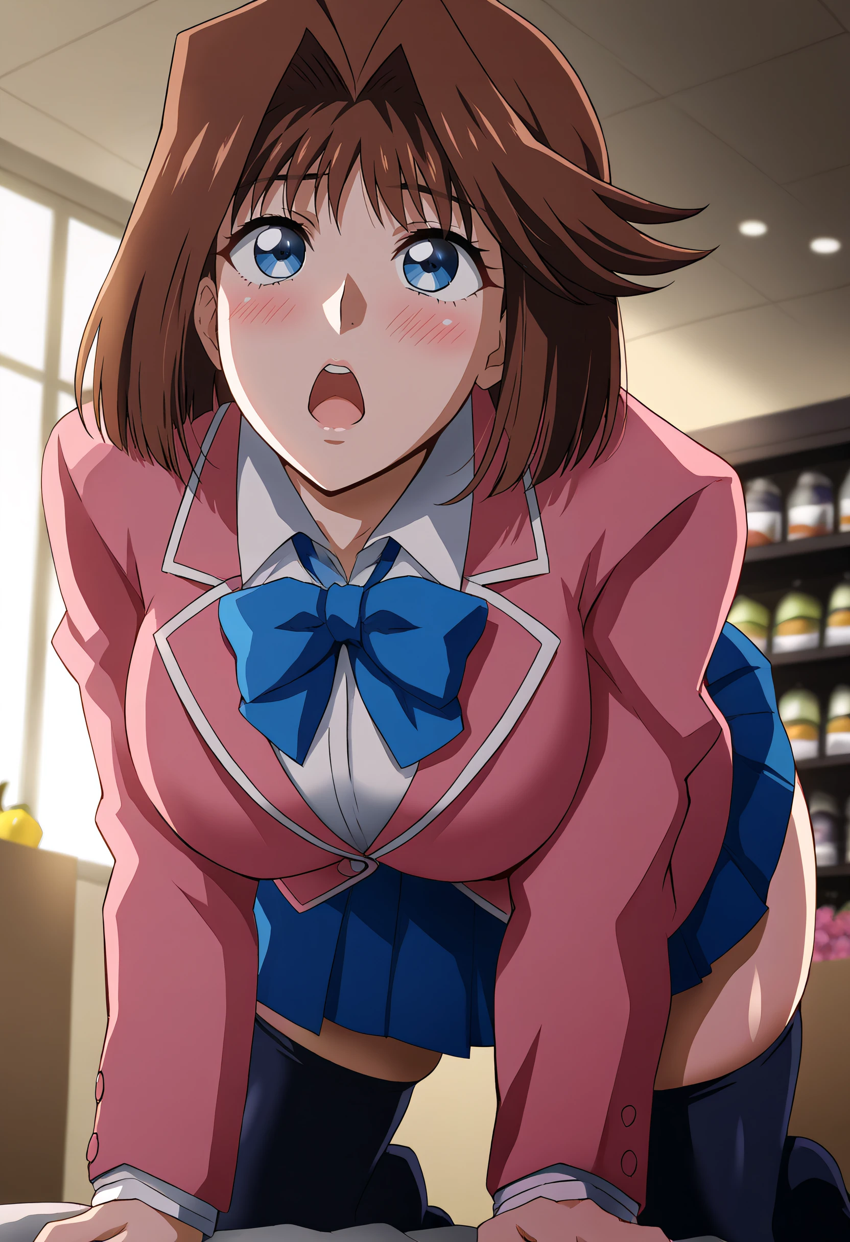 harayu, score_9, score_7_up, source_anime BREAK 1girl, looking up, dutch angle,
<lora:AnzuMazaki_Dwnsty-000008:0.8>, anzuma_def, brown hair, blue eyes, hair intakes, short hair, blue bowtie, pink blazer, white shirt, long sleeves, pleated skirt, blue skirt, black thighhighs,
large breasts, skindentation,lips, blush, open mouth, all fours, o3o, thumbs down, Classic headshot pose, Pear-shaped body,
 flower shop,  cloud, backlighting, windy sky, smoke wisps,