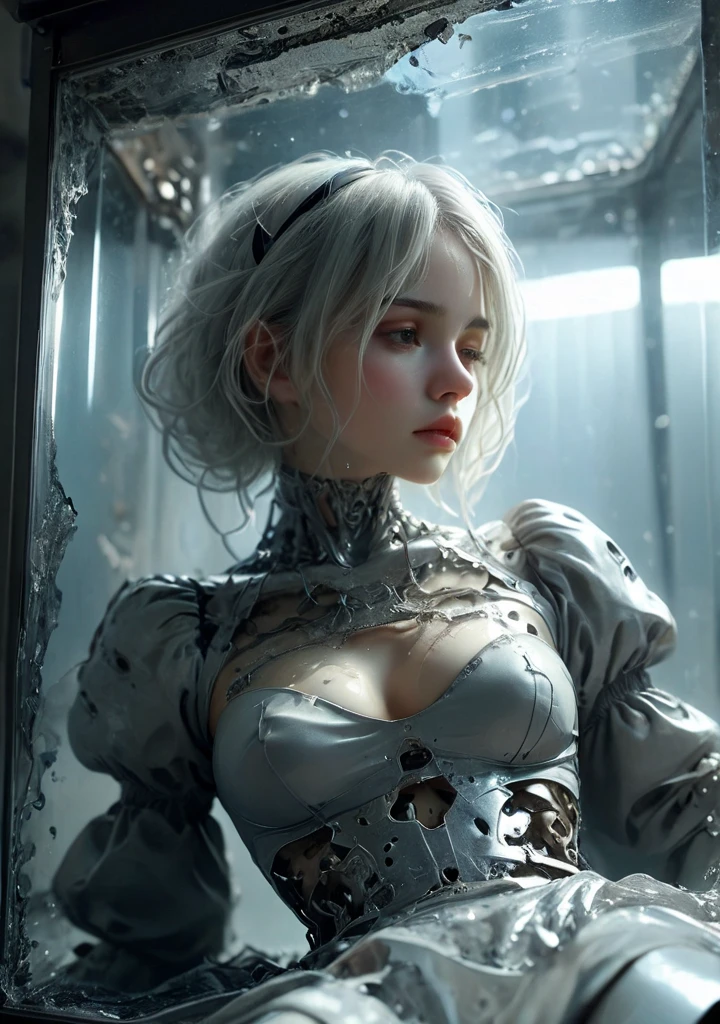 <lora:Stairway_to_liberation_ver1.4:1>,2b nier,silver hair,torn skirt,Lying down ,inside glass tank,mecha girl,tube,wire, torn cloth,<lora:2b_nier_automata:0.8>,crack glass,side view,photorealistic, detailed face, detailed eyes, detailed lips, beautiful woman, hourglass figure, natural lighting, high quality, hyperrealistic, 8k, cinematic, dramatic lighting, chiaroscuro, neoclassical, oil painting,