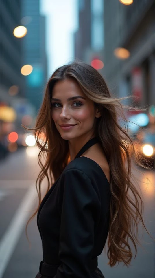 A captivating woman stands in the heart of the city, exuding elegance and confidence. Her long, flowing hair catches the city lights as they reflect off the glass buildings around her. She wears a chic, modern outfit that perfectly complements her figure, making her stand out amidst the urban backdrop. Her eyes meet the viewer’s gaze with a warm, inviting expression, and a subtle smile plays on her lips. The bustling cityscape, with its vibrant lights and towering structures, contrasts beautifully with her calm and poised demeanor, creating a stunning visual of grace in the midst of urban energy