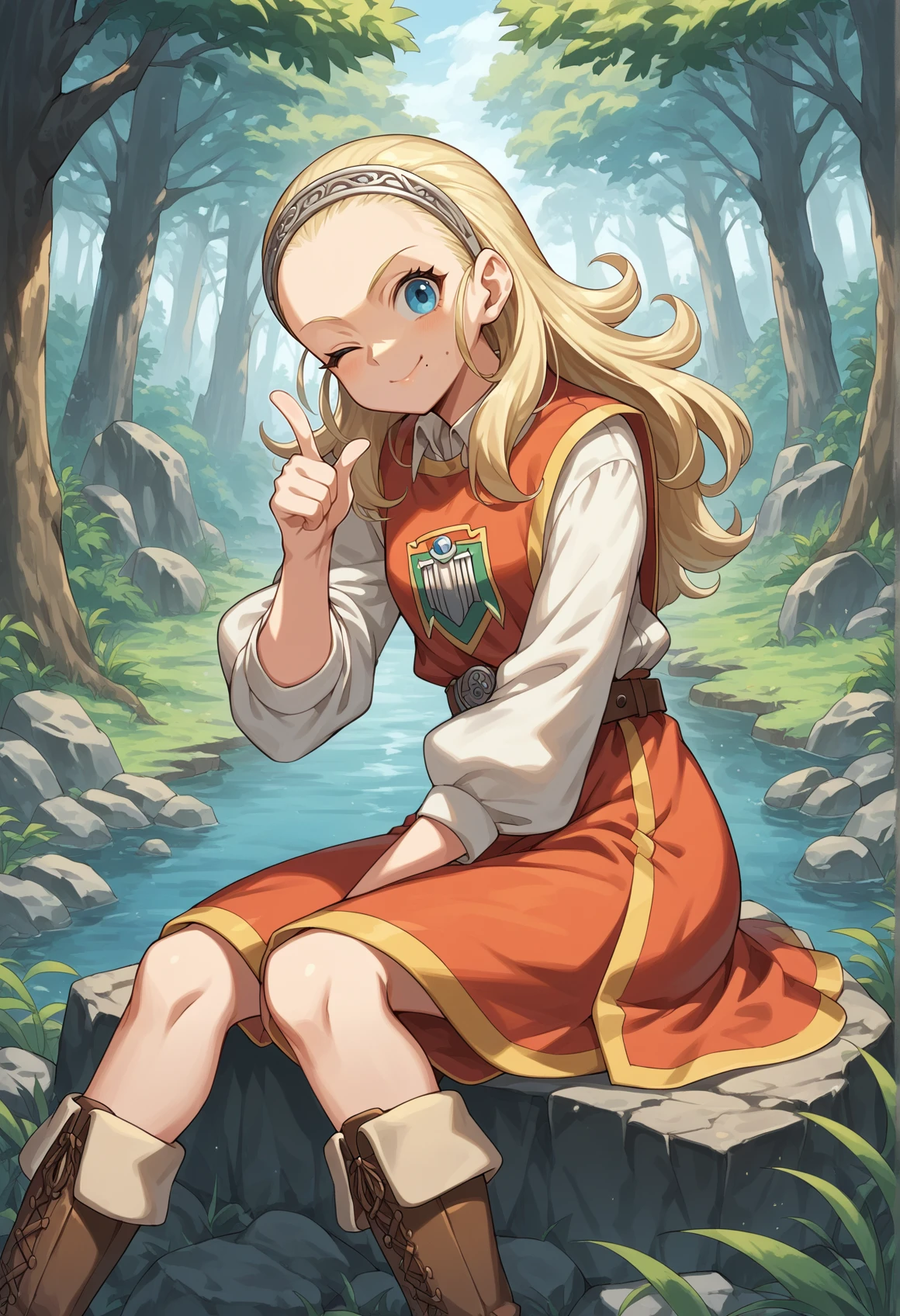 1girl, long hair, blonde hair, blue eyes, hairband, forehead, mole, mole under mouth, tabard, shirt, long sleeves, skirt, boots, belt, boots, sitting, rock, wink, pointing at viewer, forest   <lora:Anlucia_DQX:1>, score_9, score_8_up, score_7_up, score_6_up, score_5_up, score_4_up, BREAK source_anime, masterpiece