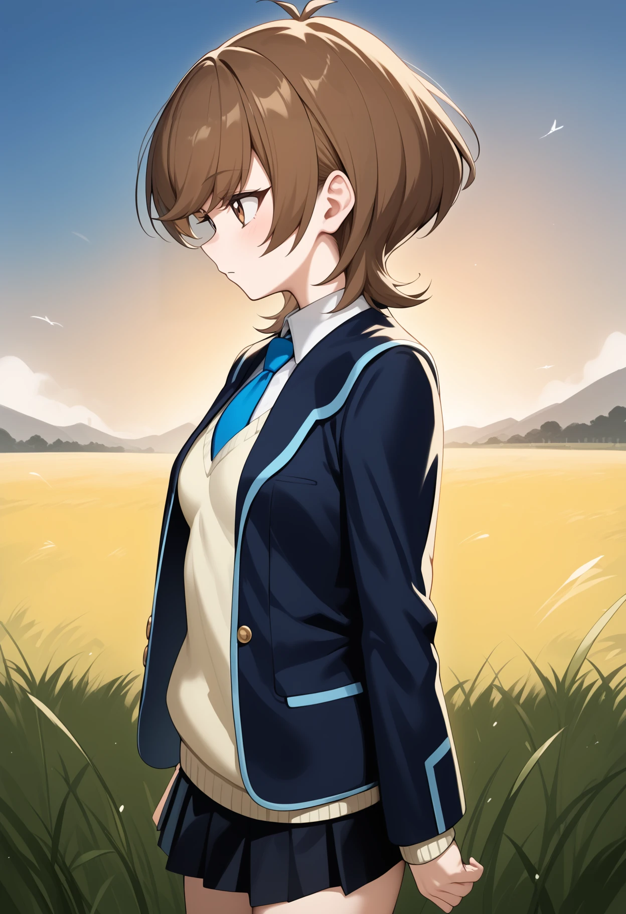 score_9, score_8_up, score_7_up, score_6_up, score_5_up, score_4_up, source_anime, aaaoi, short hair, brown hair, brown eyes, small breasts, school uniform, blue necktie, blazer, blue jacket, yellow sweater, long sleeves, pleated skirt, black skirt, <lora:zaizen_aoi_ponyxl_v1:0.9>, from side, field, sunset, wind, standing, cowboy shot,