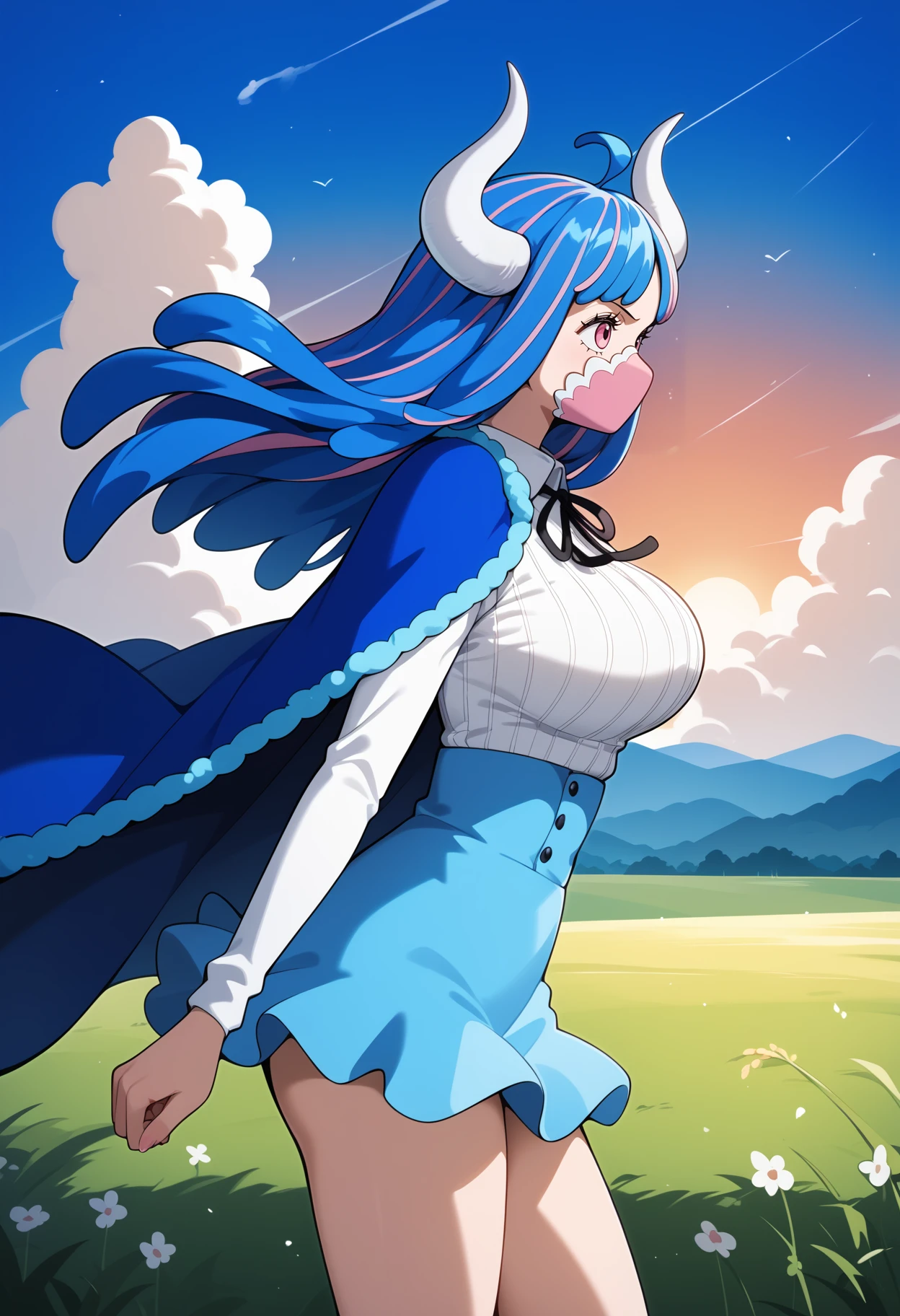 score_9, score_8_up, score_7_up, score_6_up, score_5_up, score_4_up, source_anime, aaulti, long hair, multicolored hair, blue hair, ahoge, horns, pink eyes, mouth mask, pink mask, large breasts, blue cape, neck ribbon, ribbed shirt, white shirt, long sleeves, high-waist skirt, blue skirt, <lora:ulti_(one_piece)_ponyxl_v1:0.9>, from side, field, sunset, wind, standing, cowboy shot,