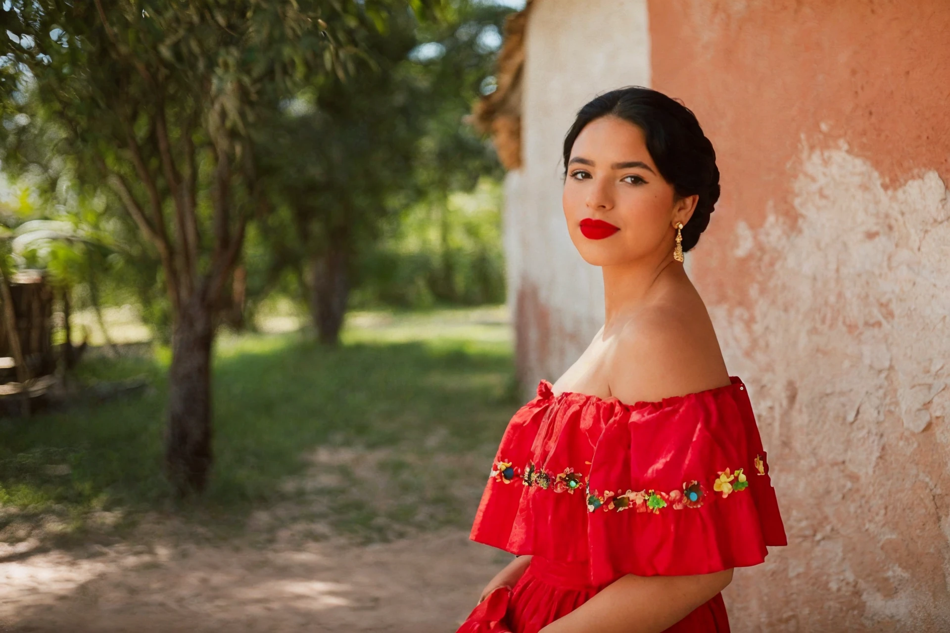 <lora:Angela_Aguilar:0.8>, Raw photo of Angela Aguilar wearing a red off-shoulder dress, red lipstick, outdoors, traditional outfit, black bob hairstyle, in a Mexican Hacienda during the 1800's, sharp focus on subject, serious expression, Shot with a Nikon F3 and a 35mm f/2 lens, using Kodak Portra 400 film stock