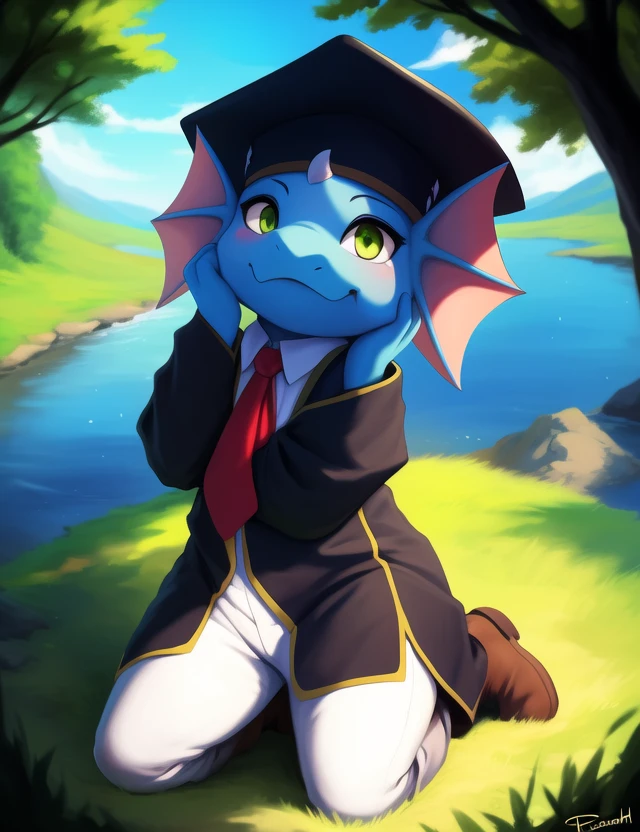 <lora:QinusAxiaYif:1> QinusAxia, blue skin, green eyes, red tie, tail, fangs, hat, cloth, black robe, white shirt, boots,  Chibi, 
Looks at the viewer, (((Hug pose, kneeling on one leg))) high-angle view
[River, lake, grass, trees, day, sky with clouds, ] 
(beautiful, aesthetic, perfect, delicate, intricate, saturated colors), masterpiece, digital drawing, best quality,
[by dagasi|ancesra:0.6], [by foxovh|personalami:0.5], [by einshelm|tom_fischbach],