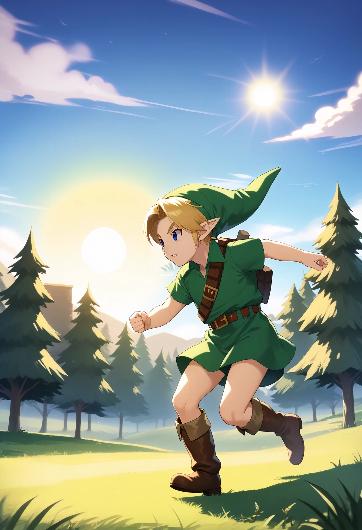 score_9, score_8_up, score_7_up, BREAK,
1boy, younglink, link, blonde hair, blue eyes, hat, pointy ears, green tunic, belt, boots, running, day, sun, grass, trees, moutains background  <lora:YoungLinkXL:1>