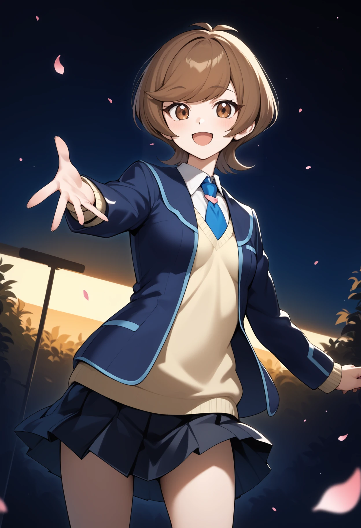 score_9, score_8_up, score_7_up, score_6_up, score_5_up, score_4_up, source_anime, aaaoi, short hair, brown hair, brown eyes, small breasts, school uniform, blue necktie, blazer, blue jacket, yellow sweater, long sleeves, pleated skirt, black skirt, <lora:zaizen_aoi_ponyxl_v1:0.9>, standing, cowboy shot, outdoors, smile, open mouth, reaching, petals,