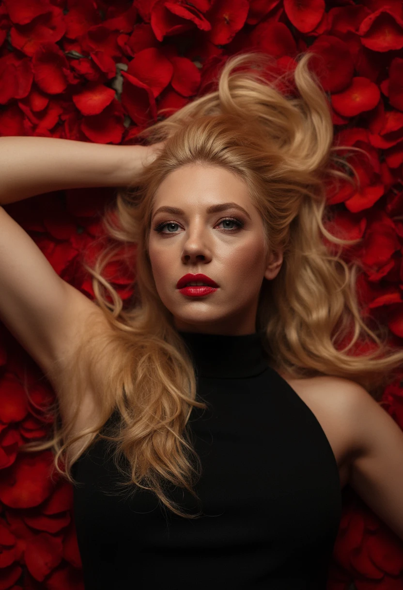 A blonde woman with a striking resemblance to Katheryn Winnick lies gracefully on her back amidst a bed of vivid red rose petals. Her long, wavy hair fans out elegantly around her, complementing her radiant beauty. She wears a sleek, black high-neck dress that contrasts dramatically against the crimson roses. She has a fair complexion with soft, glowing skin, full lips painted in a deep red shade, and expressive blue eyes that exude a captivating allure. Her facial features are strong yet elegant, with high cheekbones and a confident, poised expression. She poses with one arm extended above her head while the other rests gently beside her, radiating both grace and power. The cinematic atmosphere is enhanced by deep contrasts and rich hues, intensified by a heavy film grain effect. The overall aesthetic is luxurious and evocative, resembling a classic movie scene with an air of timeless sophistication