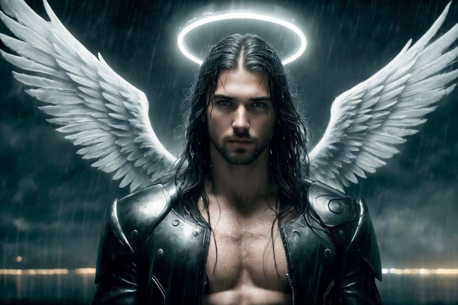 (8k, RAW photo, highest quality, best quality, masterpiece,ultra-realistic, ultra-detailed, hires, full-length man, sharp focus:1.2), (photorealistic, hyper-realistic:1.37) angel man, halo, dark fantasy, horror, heavy rain, wet girl, storm