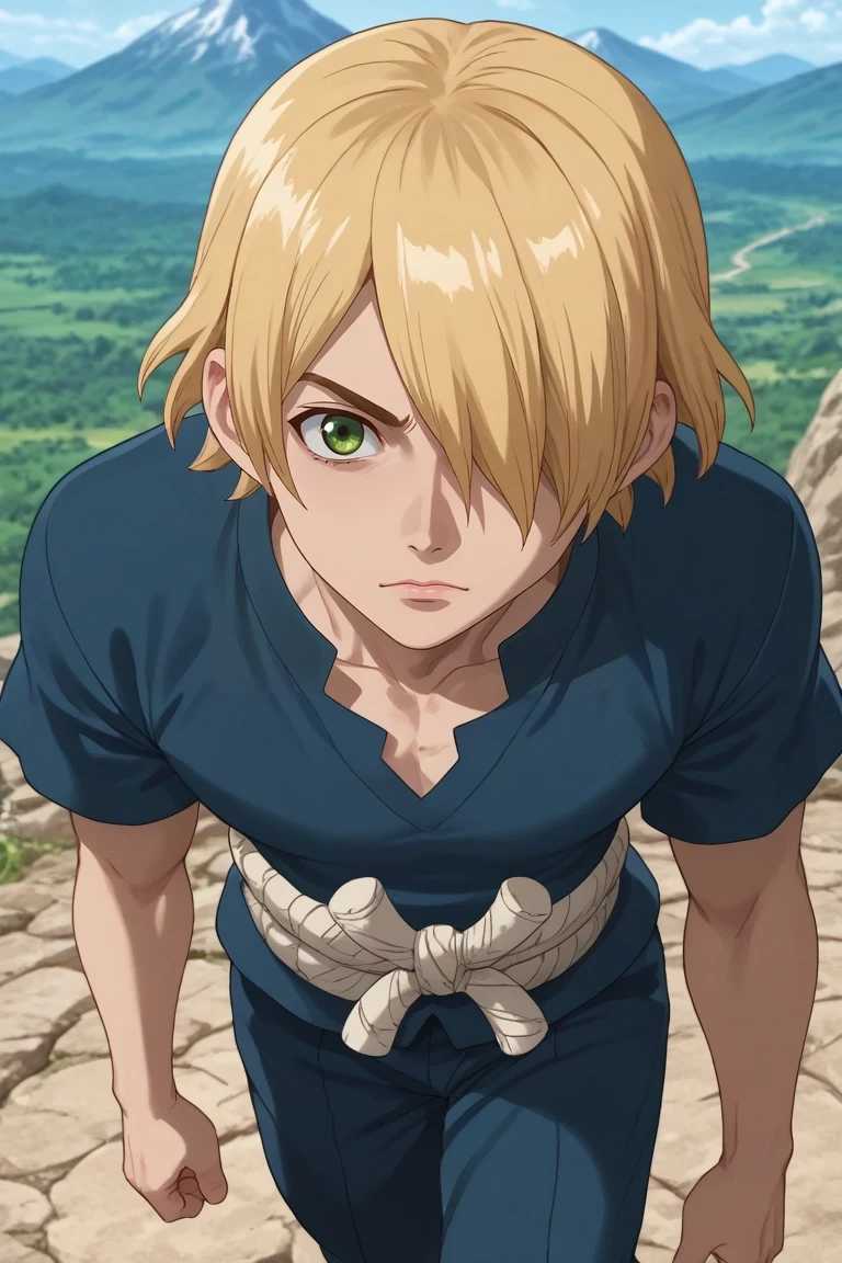 score_9, score_8_up, score_7_up, source_anime, rating_safe, , (realistic:0.6), looking at viewer, , 1boy, solo, male focus, <lora:ginrou_dr_stone_pony:0.78>, ginrou_dr_stone, blonde hair, green eyes, short hair, hair over one eye, from above, mountain, dark, jojo pose, :\3, decade costume, <lora:sdxl_lightning_8step_lora:1>