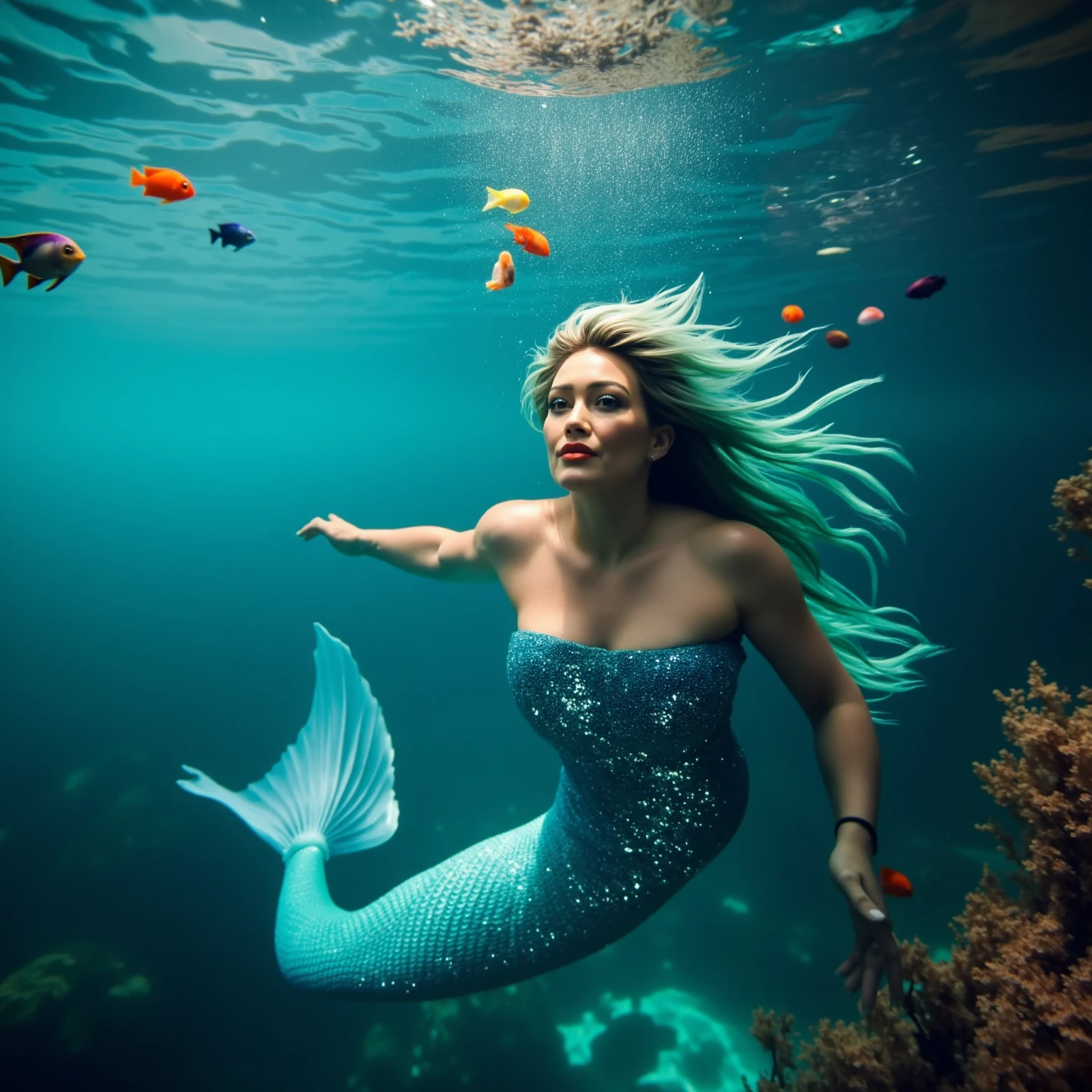 Underwater sea, blue sea, a portrait photograph of a beautiful ((60 year old)) woman, white hair, mermaid, wrinkles, long mermaid tail below waistline