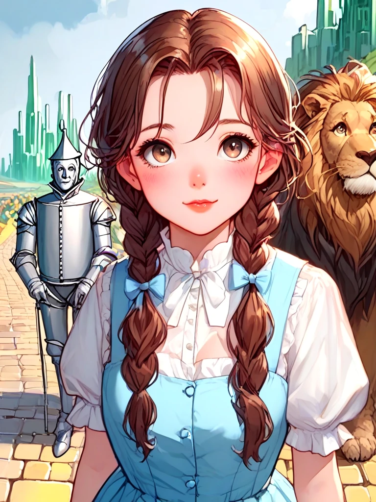 source_anime, oz, dorothy gale, brown hair, blue dress, miniskirt, silver shoes, cowardly lion, black toto, the scarecrow, tin man, looking at viewer, full body, upper body, close-up, emerald city in distance, <lora:girllikewizardofoz_pony:1>