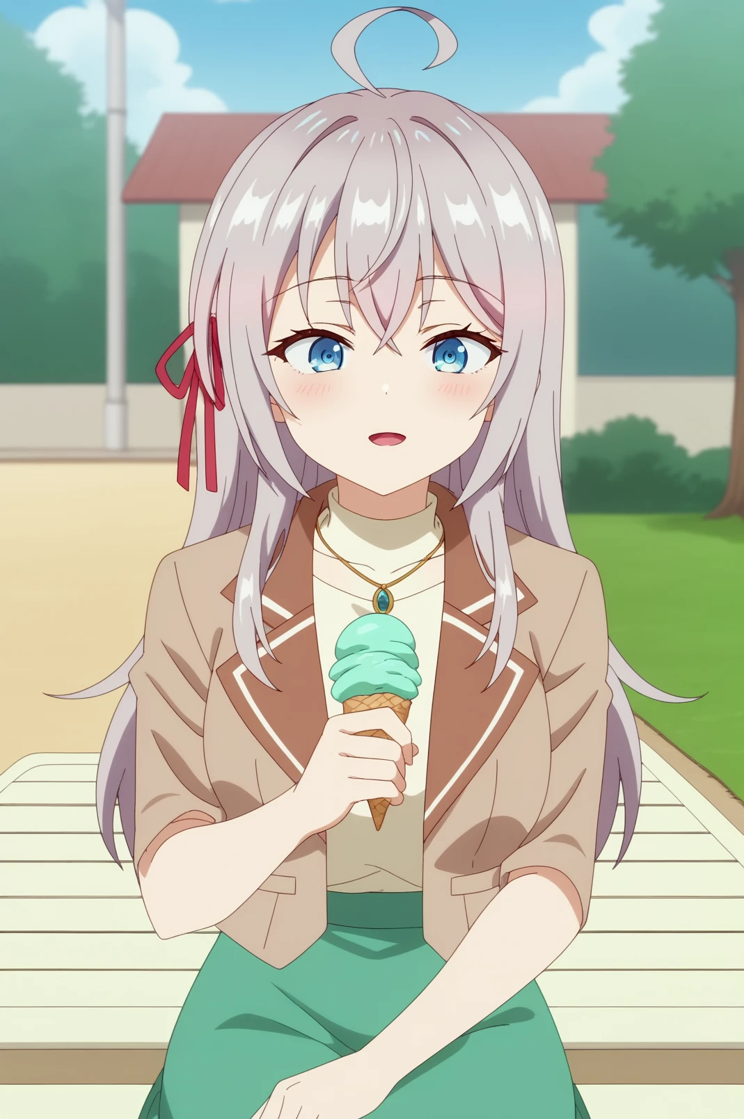 alisa mikhailovna kujou,anime screencap,1girl,mature, solo,fitting room,long hair,ahoge,skirt,necklace,green skirt,white turtleneck,brown blazer,bare arms,sit,sitting on banch,outdoors,park,red ribbon,hair ribbon,holding ice cream,blue eyes,close up,good_hands <lora:Alisa_Mikhailovna_Kujou - PDXL2.safetensors:0.8>