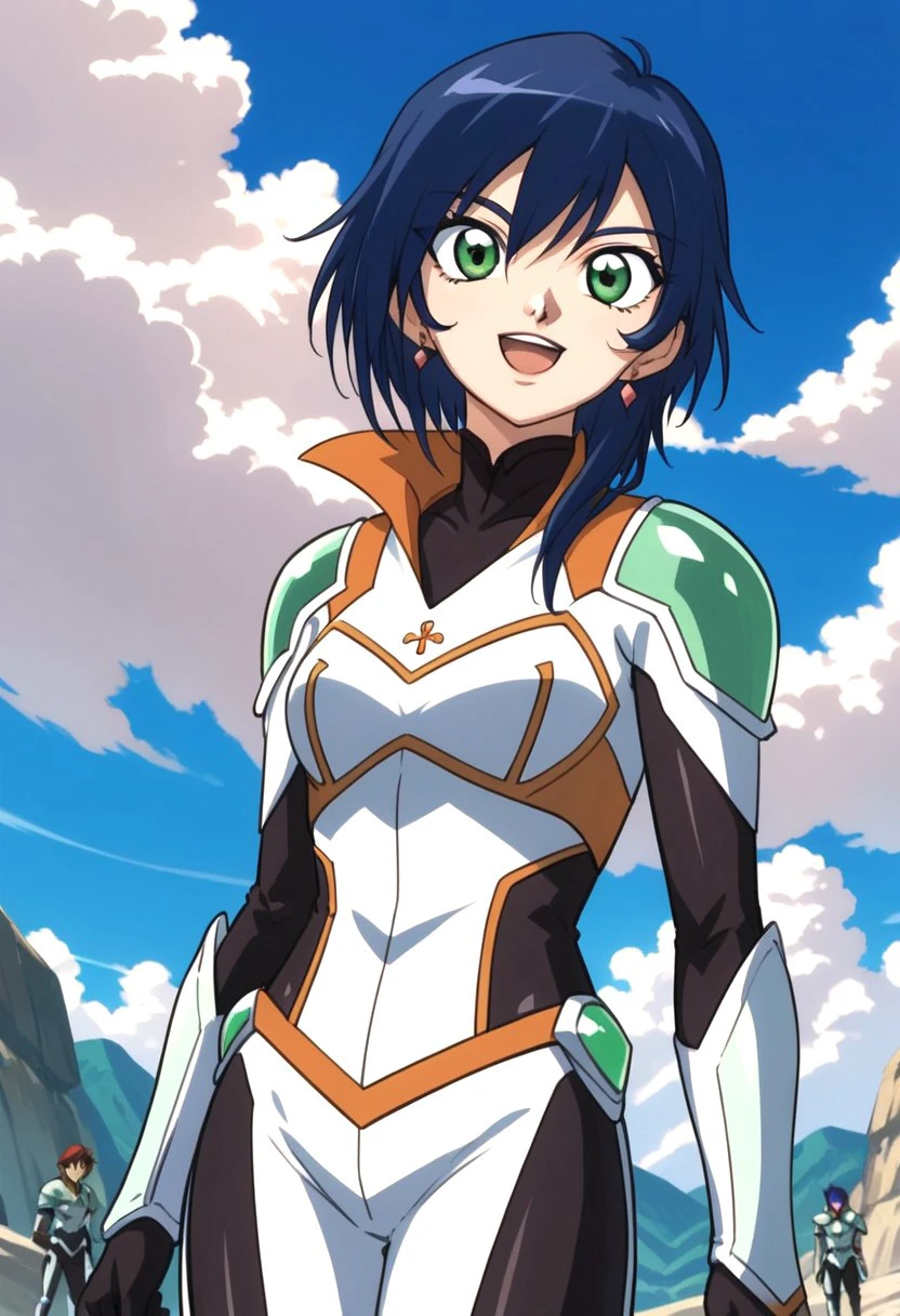 score 9, score 8 up, score 7 up,bakugan, bakugan gundalian invaders, fabia sheen, 1girl, solo, blue hair, day, green eyes, sky, jewelry, armor, cloud, bodysuit, open mouth, earrings, smile, outdoors, blue sky, :d, upper body