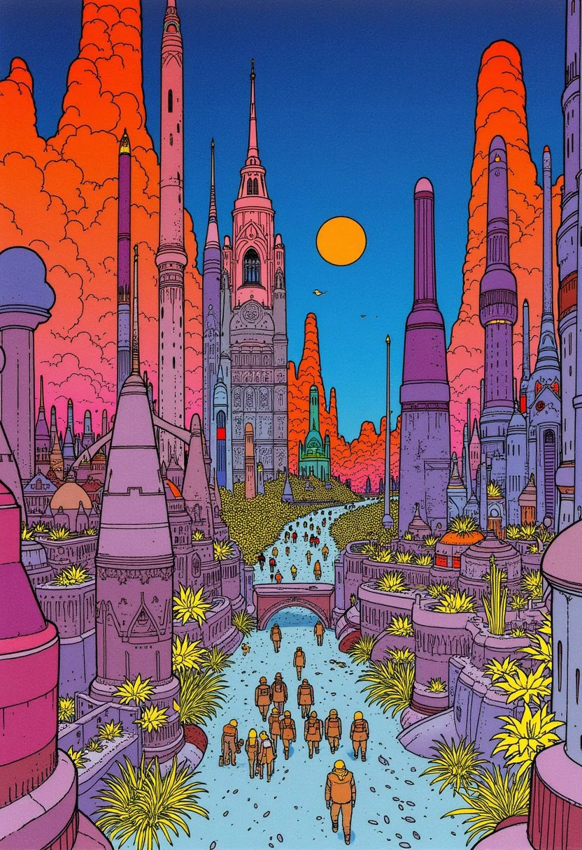 moebiusstyle, futuristic city, solar punk