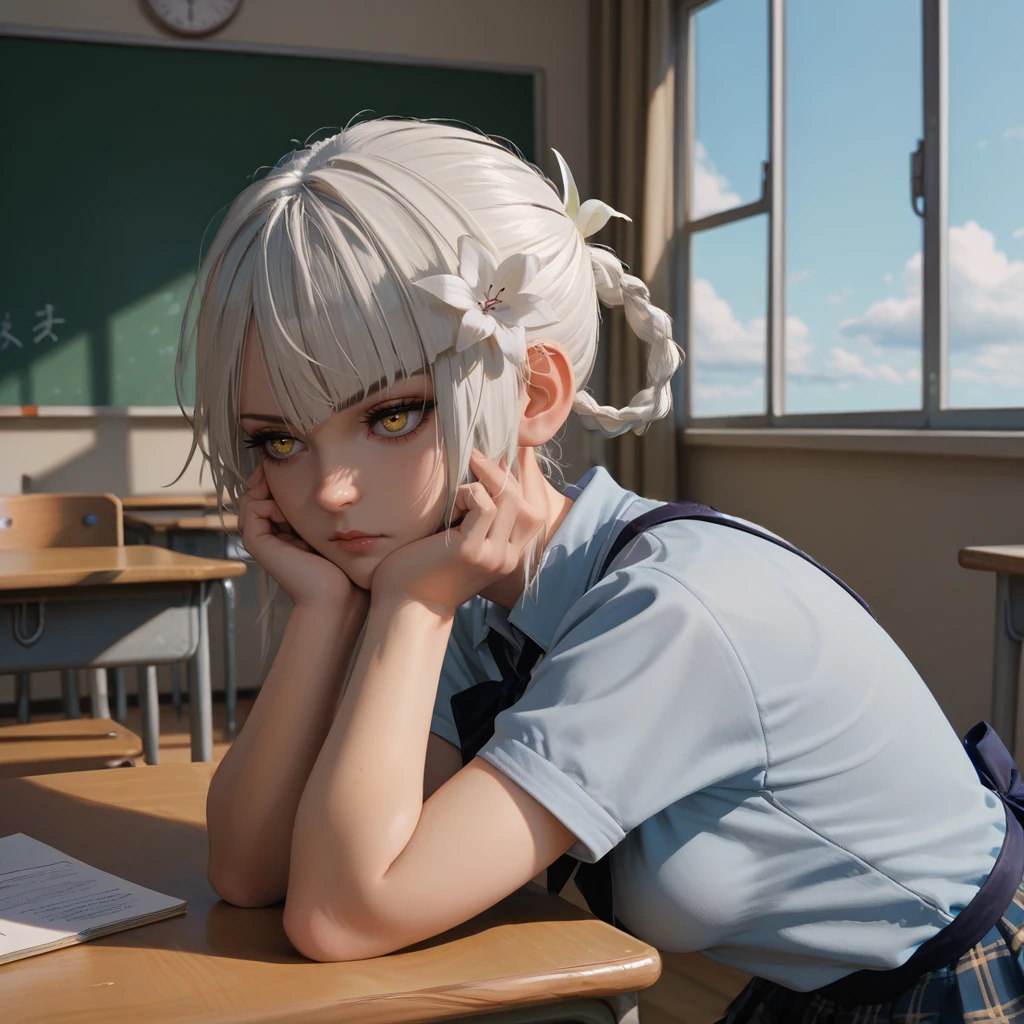 1girl,solo,<lora:epoch-000015:1>,nier-kaine,white hair,single hair ring,asymmetrical hair,hair flower,yellow eyes, school uniform, 
indoors, classroom, school desk, window, 
from side, sitting on desk, leaning forward, hands up, hands on own cheeks, bored, looking forward,, score_9, score_8_up, score_7_up, perfect anatomy, source_anime, zPDXL2,