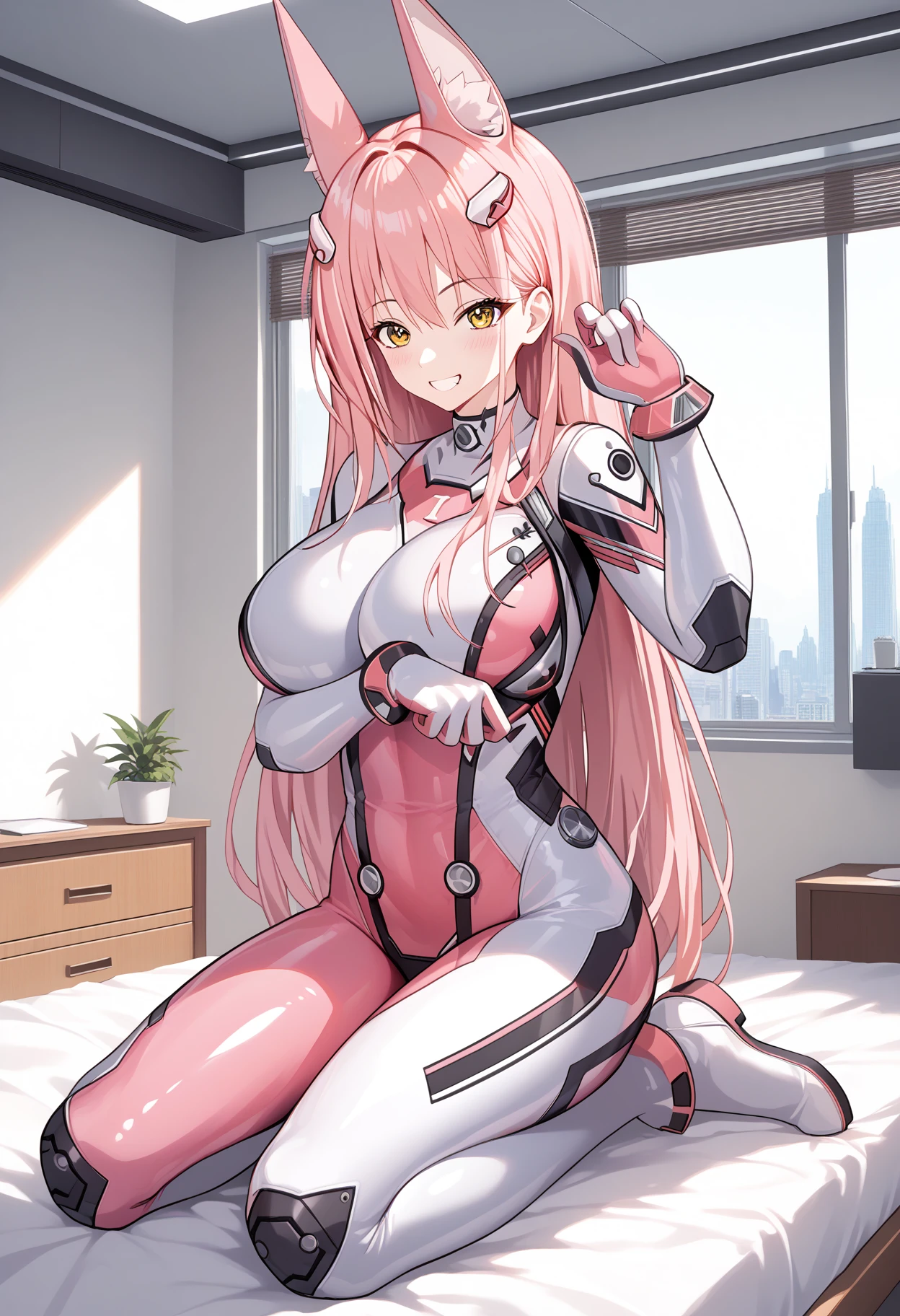 score_9, score_8_up, score_7_up, source_anime,
BREAK
1girl, solo, <lora:shiLeoV1:1>, shileona, pink hair, long hair, large breasts, animal ears, yellow eyes, pink bodysuit, white bodysuit, bodysuit, plugsuit, 
looking at viewer, smile, blush, 
indoors, bed,