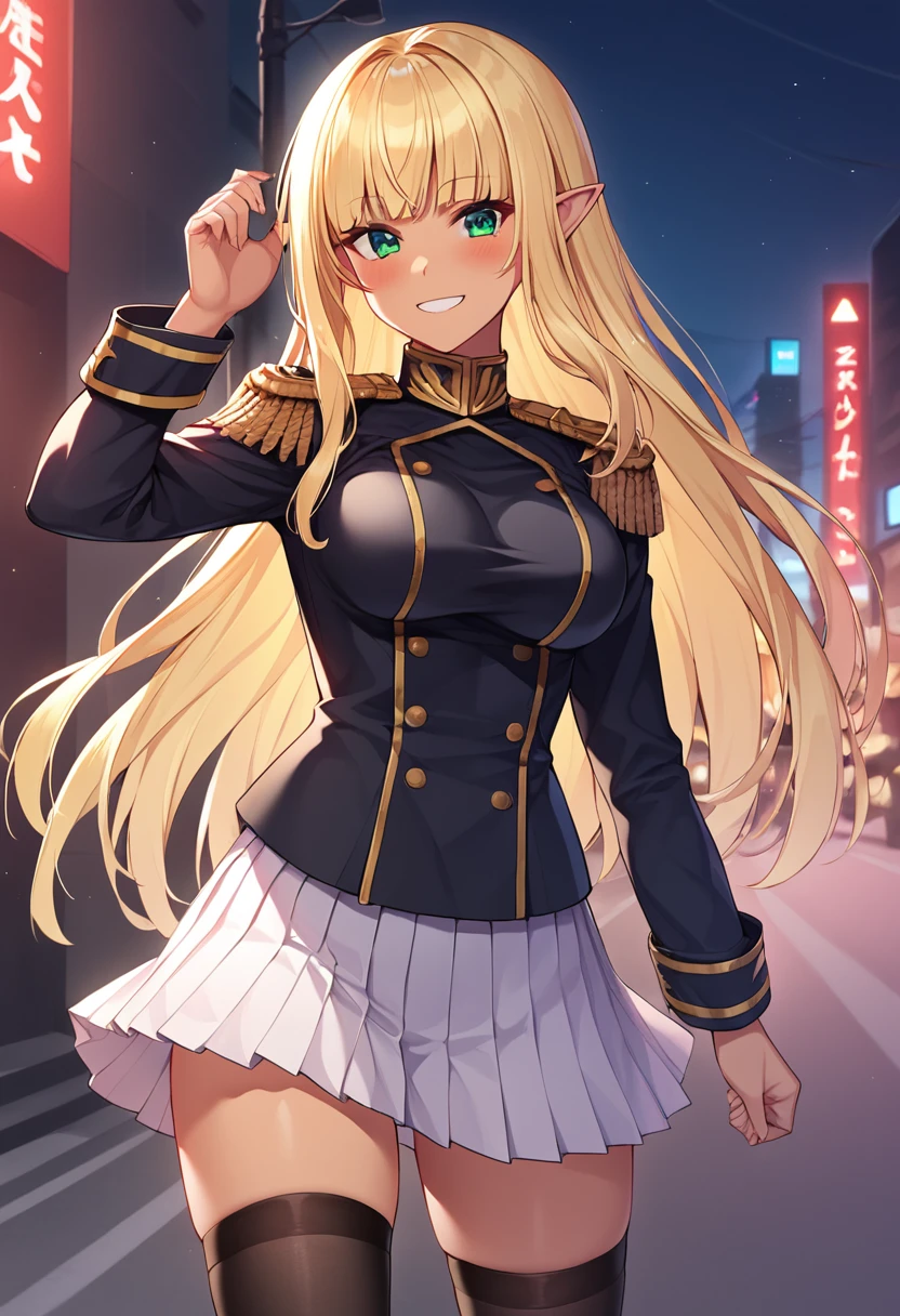 eveam_gran_early_evening, blonde hair, long hair, pointy ear, dark-skinned female, medium breasts, green eyes, military uniform, black uniform, pleated skirt, white skirt, maou outfit, thighhighs, BREAK outdoors,city street, night BREAK sexy pose, looking at viewer, sexy face, sexy smile, cowboy shot, dynamic pose, BREAK score_9, score_8_up, score_7_up, source_anime ,zPDXL,<lora:Eveam_Gran_Early_Evening:0.8>