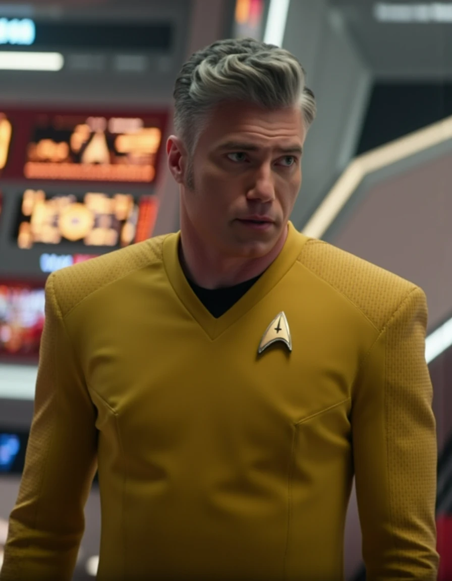 cinematic film still cinematic photo breathtaking  <lora:pike-flux:1.3>  captain, , christopher, pike, star, trek, strange, new, worlds, man  4K resolution, Starfleet uniform yellow tshirt uniform, confident gaze, futuristic background, space-themed imagery