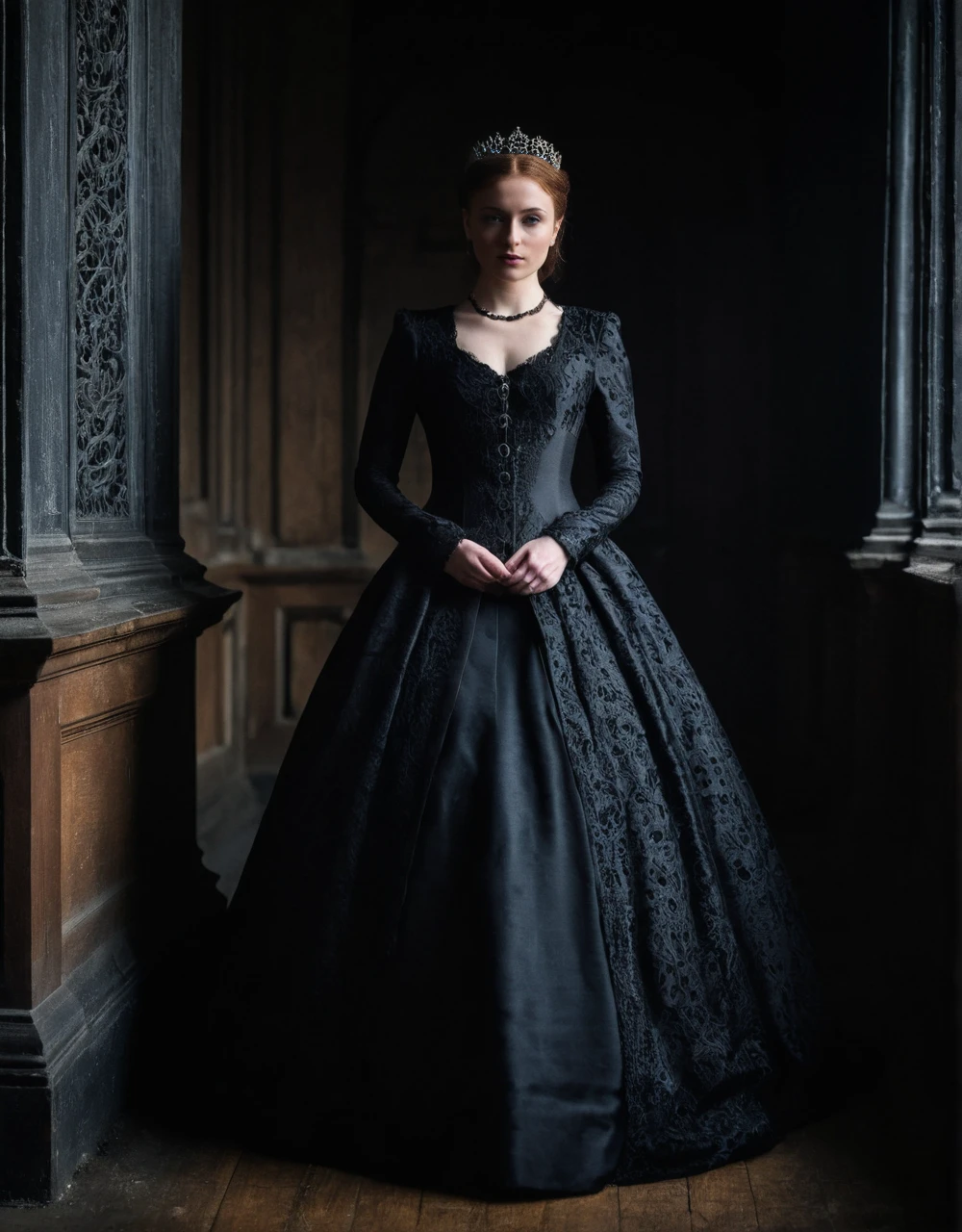 <lora:SansaStark_SDXL_V1.2:1>,SansaStark,queens dress,victorian,gothic,high detailed,, low key photography, dramatic lighting, deep shadows, rich contrast, moody atmosphere, intense emotions, cinematic feel, mysterious ambiance, emphasizing shape and form, creating depth, evoking drama, storytelling through shadows, professional technique