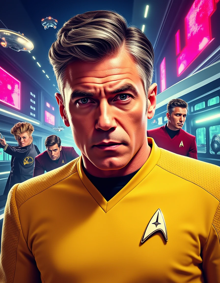 GTA-style artwork breathtaking  <lora:pike-flux:0.6>  captain, , christopher, pike, star, trek, strange, new, worlds, man  4K resolution, Starfleet uniform yellow tshirt uniform, confident gaze, futuristic background, space-themed imagery . satirical, exaggerated, pop art style, vibrant colors, iconic characters, action-packed