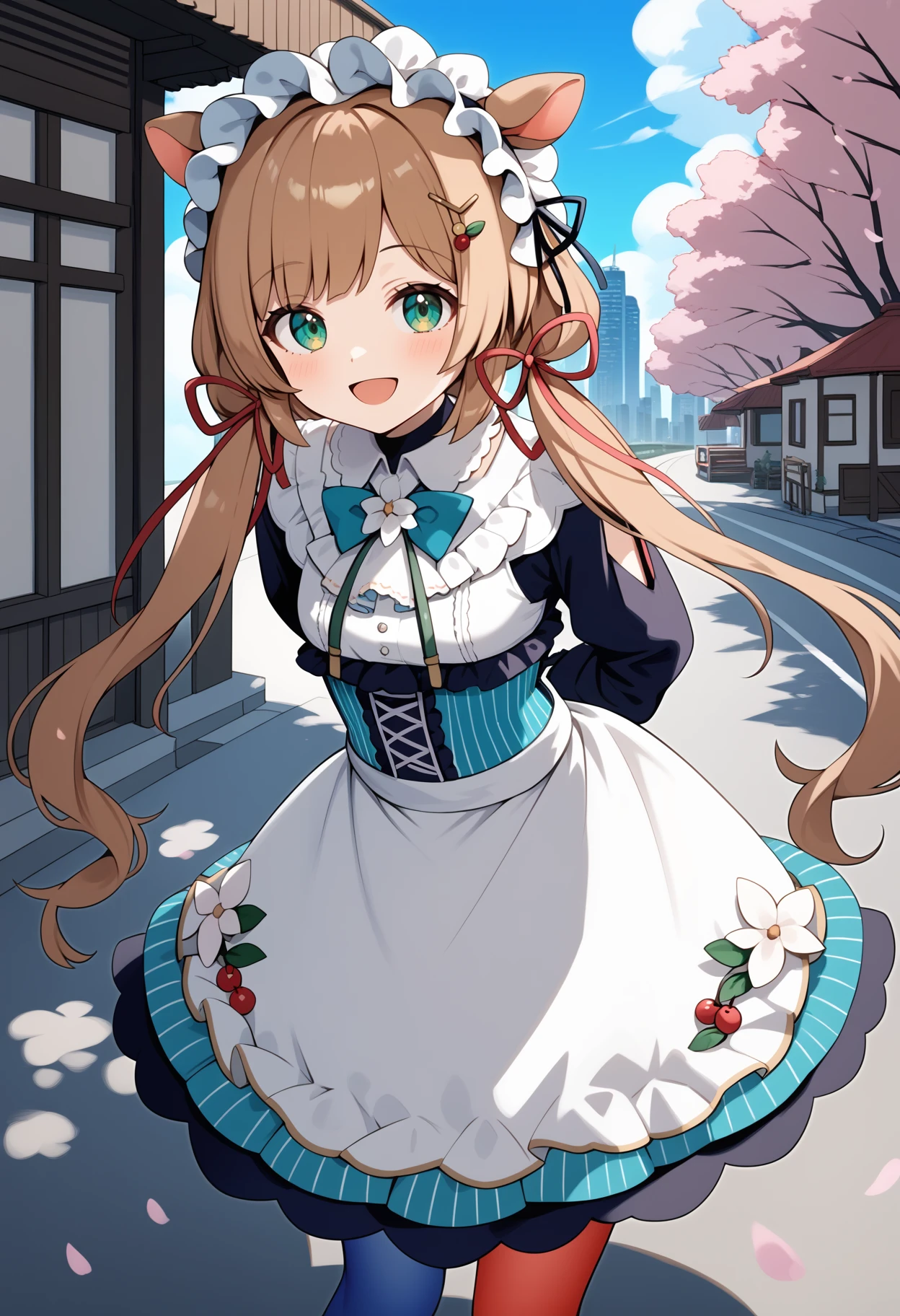 score_9, score_8_up, score_7_up, score_6_up, score_5_up, score_4_up, source_anime, aaeli, long hair, brown hair, low twintails, animal ears, headdress, hair ornament, green eyes, small breasts, aqua bowtie, frills, layered dress, white dress, black sleeves, black gloves, corset, asymmetrical legwear, blue pantyhose, red pantyhose, <lora:eli_conifer_ponyxl_v1:0.9>, smile, open mouth, standing, cowboy shot, leaning forward, bent over, outdoors, cherry blossoms, arms behind back, road, city