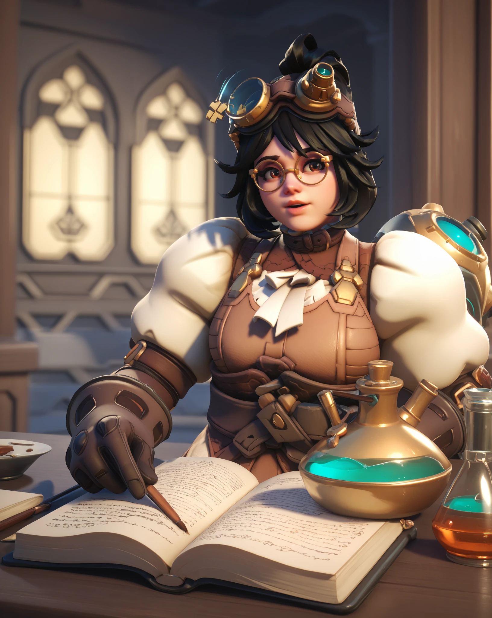 score_9, score_8_up, score_7_up,  1 girl, 2d, alchemist mei, mei (overwatch), glasses,  inside an alchemist lab, medieval instruments, potions, flasks <lora:Alchemist mei-000030:1>