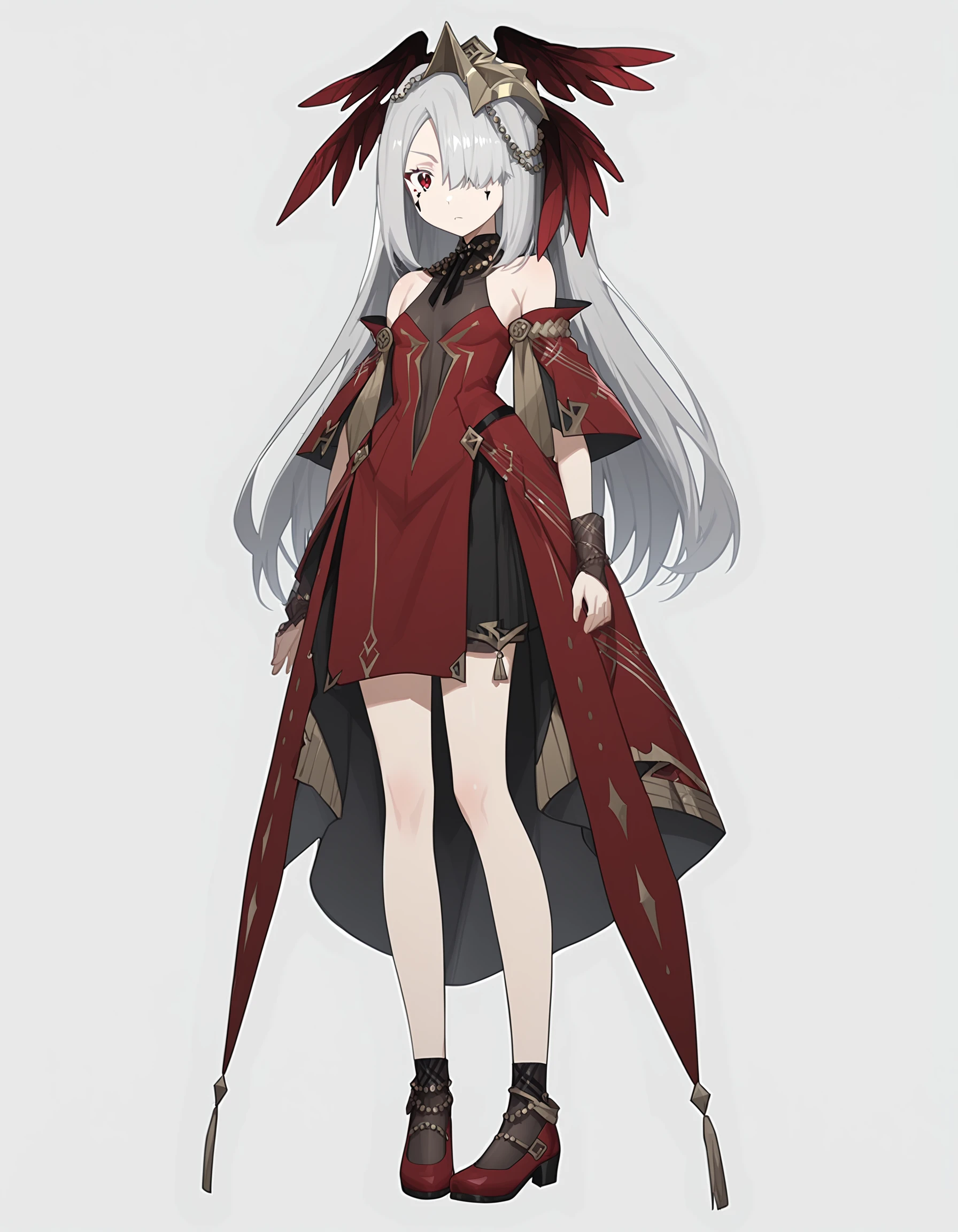 score_9,score_8_up,score_7_up,white background,looking at viewer,standing,full body,shoes,
<lora:shabolina_pony:0.85>,shabolina,1girl,solo,long hair,bangs,hair over one eye,facial mark,red eyes,grey hair,hair ornament,bare shoulders,red dress,dress,jewelry,socks,bare legs,<lora:Anime_Screencap:1>,anime screencap,