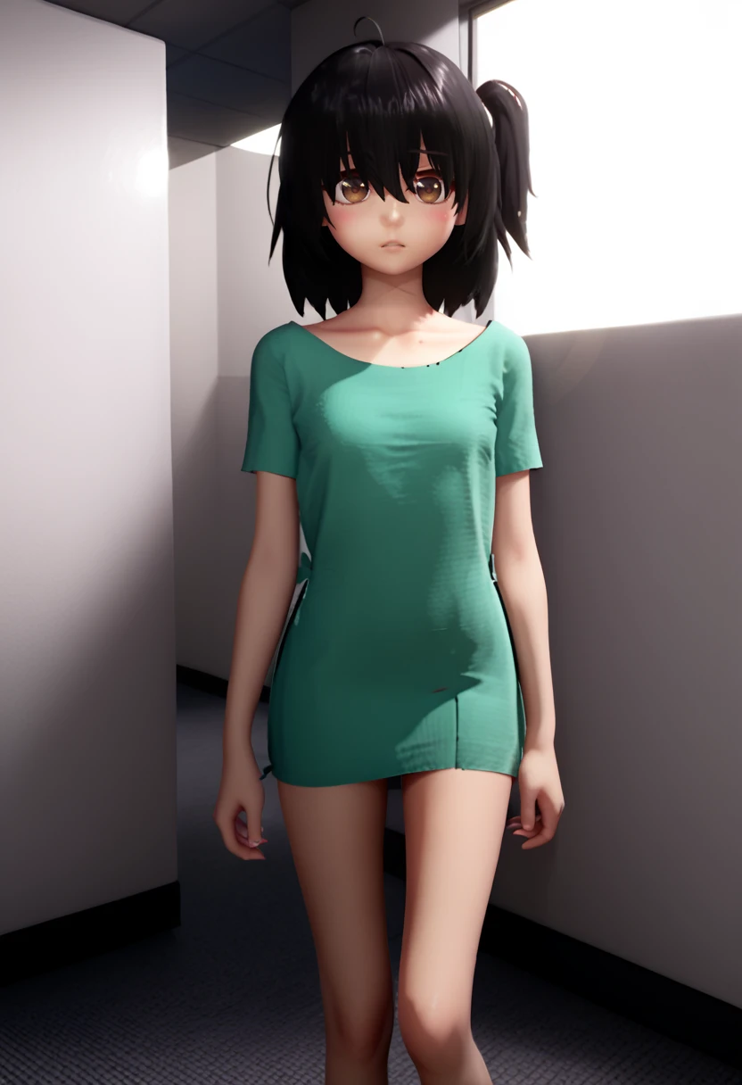 score_9, score_8_up, score_7_up, score_6_up, score_5_up, 1girl, <lora:DYSTHANASIA:0.9> DYSTHANASIA, brown eyes, black hair, short hair, side ponytail, bangs, hair between eyes, ahoge, blush, green dress, hospital gown, short sleeves, collarbone, mole, bare legs, barefoot, teen, pre teen, big eyes, sexy, female focus, fantasy, expressive, skindentation, skinny, 1female, masterpiece, 32K HD, beautiful attention to detail, detailed eyes, shiny skin, showing lots of skin, wide lens, perfect hands, perfect eyes, ((2d)), anime, source anime, anime coloring, flat shadows, flat colors, looking at viewer, zPDXL2, zPDXLxxx, standing, uncensored , ((feet out of frame)), indoors, scared, cowboy shot, close up, upper body