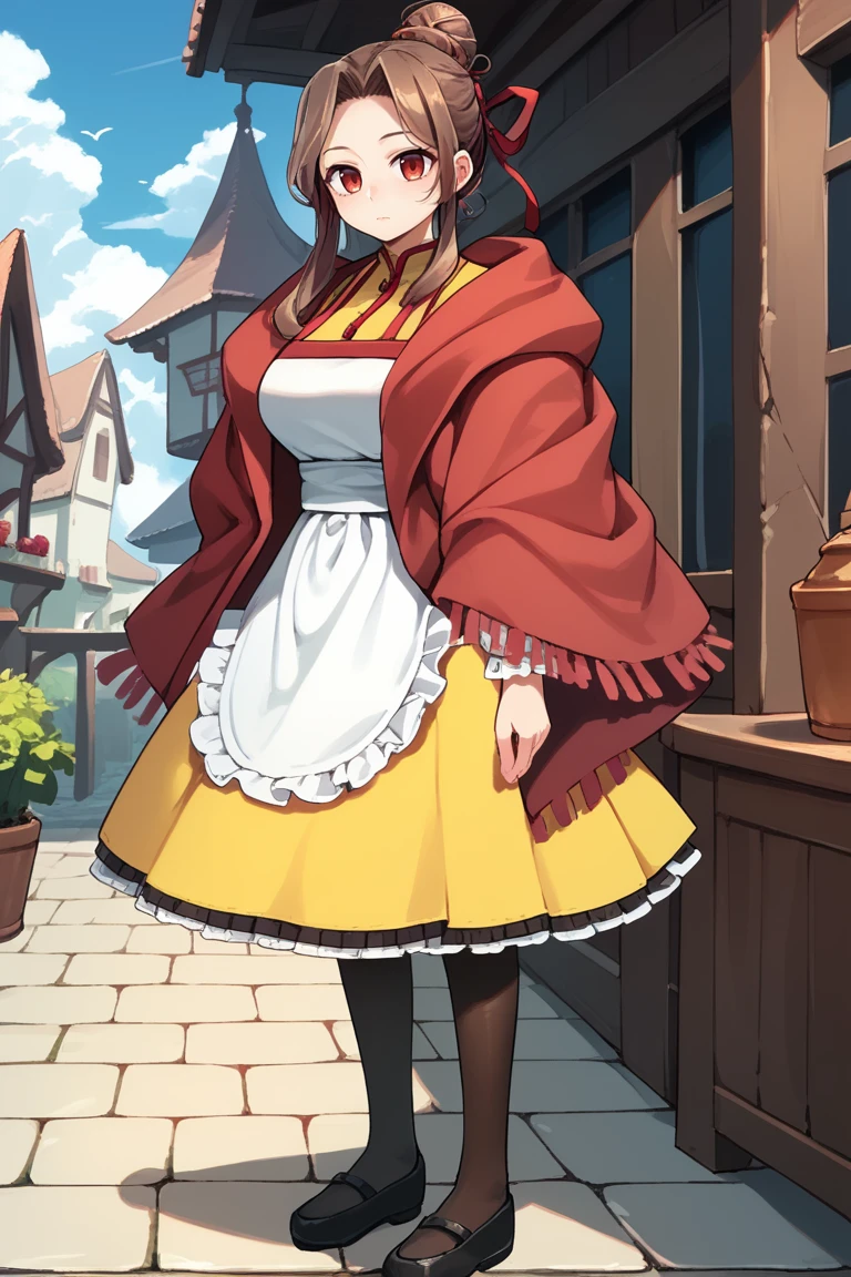 score_9, score_8_up, score_7_up, score_6_up, source anime, BREAK, <lora:Mistel:0.6> , misdef, 1girl, long hair, brown hair, red eyes, hair bun, hair ribbon, ribbon, dress, yellow skirt, red shawl, white apron, apron, pantyhose, full body, looking at viewer, expressionless, closed mouth, serene, large breasts, (mature woman), <lora:zy_Detailed_Backgrounds_v1:0.4> , detailed background, highly detailed,  exterior, village, <lora:HerrscherAGGA2024_CuteToon_Minus_PonyXL:0.8>