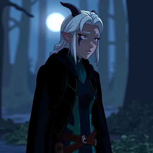 CharacterSheet, rayla, hair in messy bun, long black cloak, assassin, green and black warrior suit, brown belt, dagger holster, horns, violet eyes, purple makeup, white hair, braids in hair,full-body-shot,Cowboy-shot, night time, moon in sky, dark outside, magical background, magical forest, dark romantic lighting, highly detailed,detailed face, gradients, colorful, detailed eyes, detailed landscape, natural lighting,detailed background,detailed landscape, defensive pose:1.2, solo,