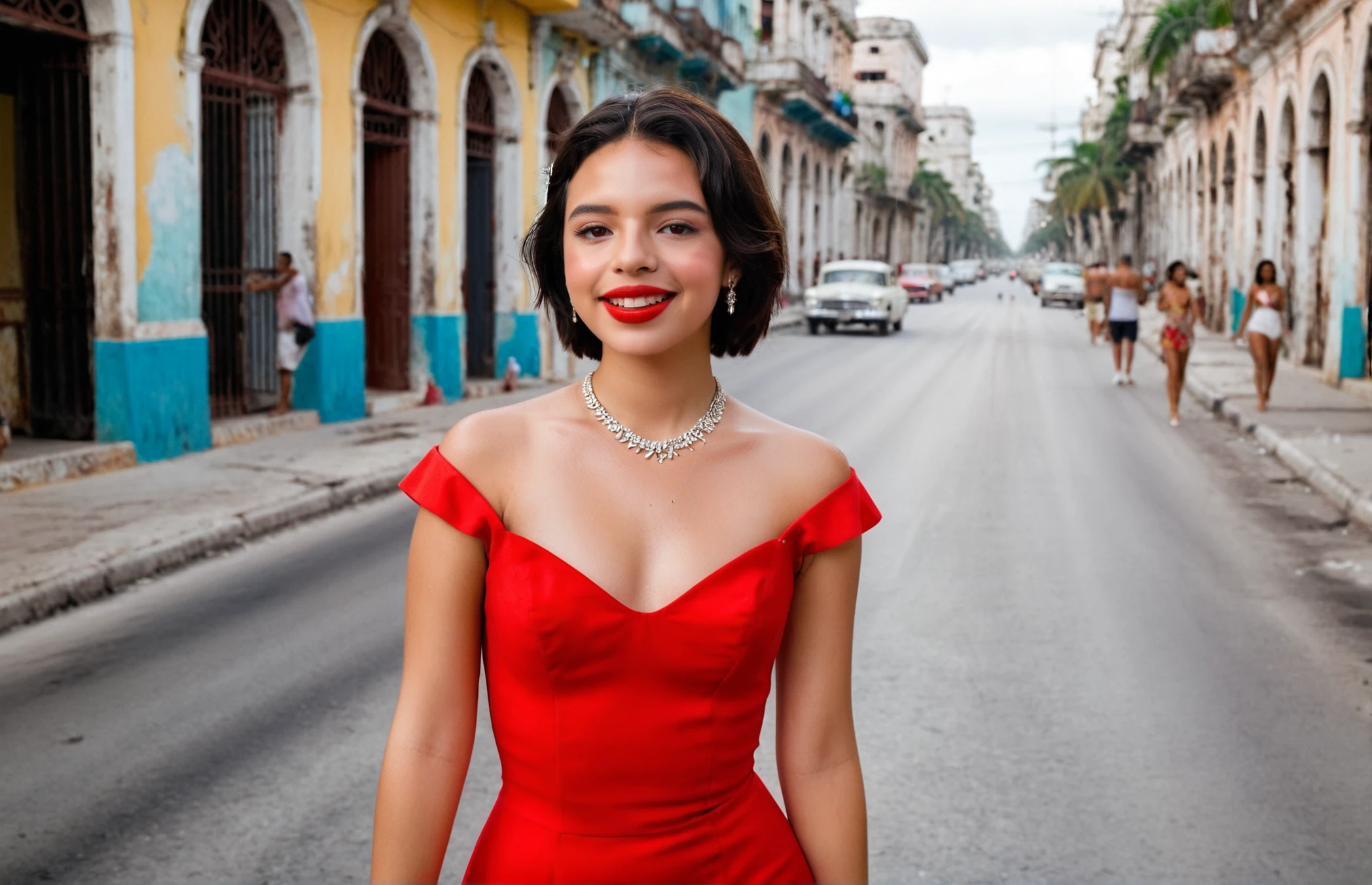 <lora:Angela_Aguilar (XL):0.8>, A RAW (full body:1.4) photo of 20 year old woman Angela Aguilar wearing a long red dress walking though the streets of Havana Cuba, happy, smile, red lipstick, black bob haircut, ultra realistic, textured skin, remarkable detailed pupils, realistic dull skin noise, visible skin detail, skin fuzz, dry skin, Medium shot taken with a Nikon F3 and a 35mm Æ2 lens, using Kodak Portra 400 film stock