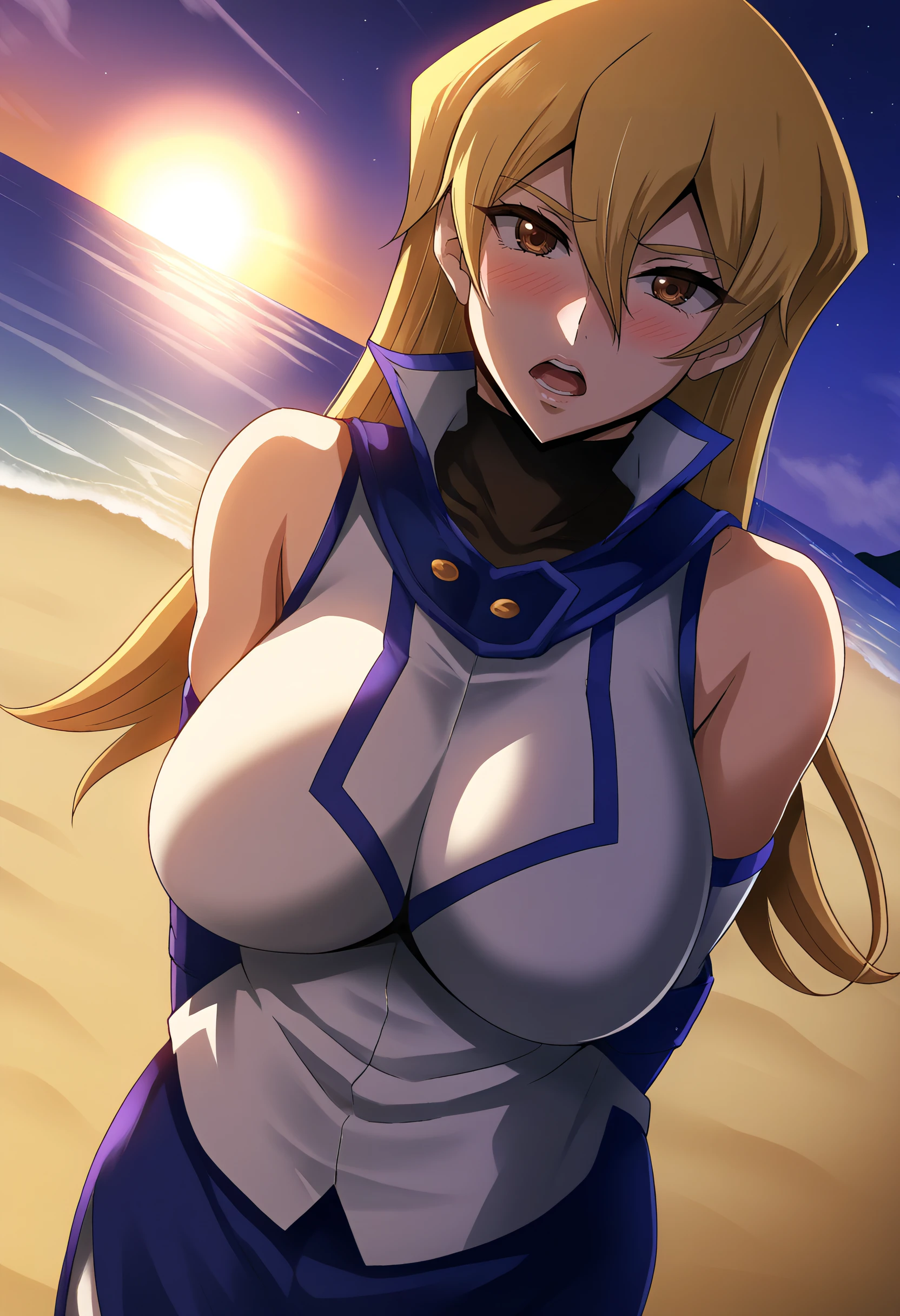 harayu, score_9, score_7_up, source_anime BREAK 1girl, looking at viewer, cowboy shot, dutch angle
<lora:AsukaTenjoin_Dwnsty:0.8>, asukatj_def, brown eyes, blonde hair, long hair, hair between eyes, sleeveless shirt, white shirt, elbow gloves, fingerless gloves, miniskirt, turtlneck,
large breasts, skindentation, puckered lips, blush, open mouth,nosebleed, walking,, arms behind back, standing, armpit focus,
beach, underlighting, hazy sky, night vision, abstract background, sepia, convenient breasts,