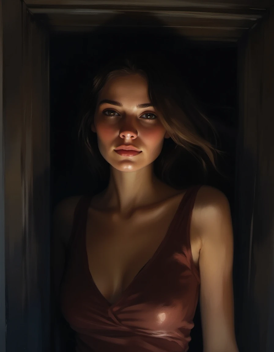 digital painting portrait of a beautiful model emerging from the shadow of a dark doorway